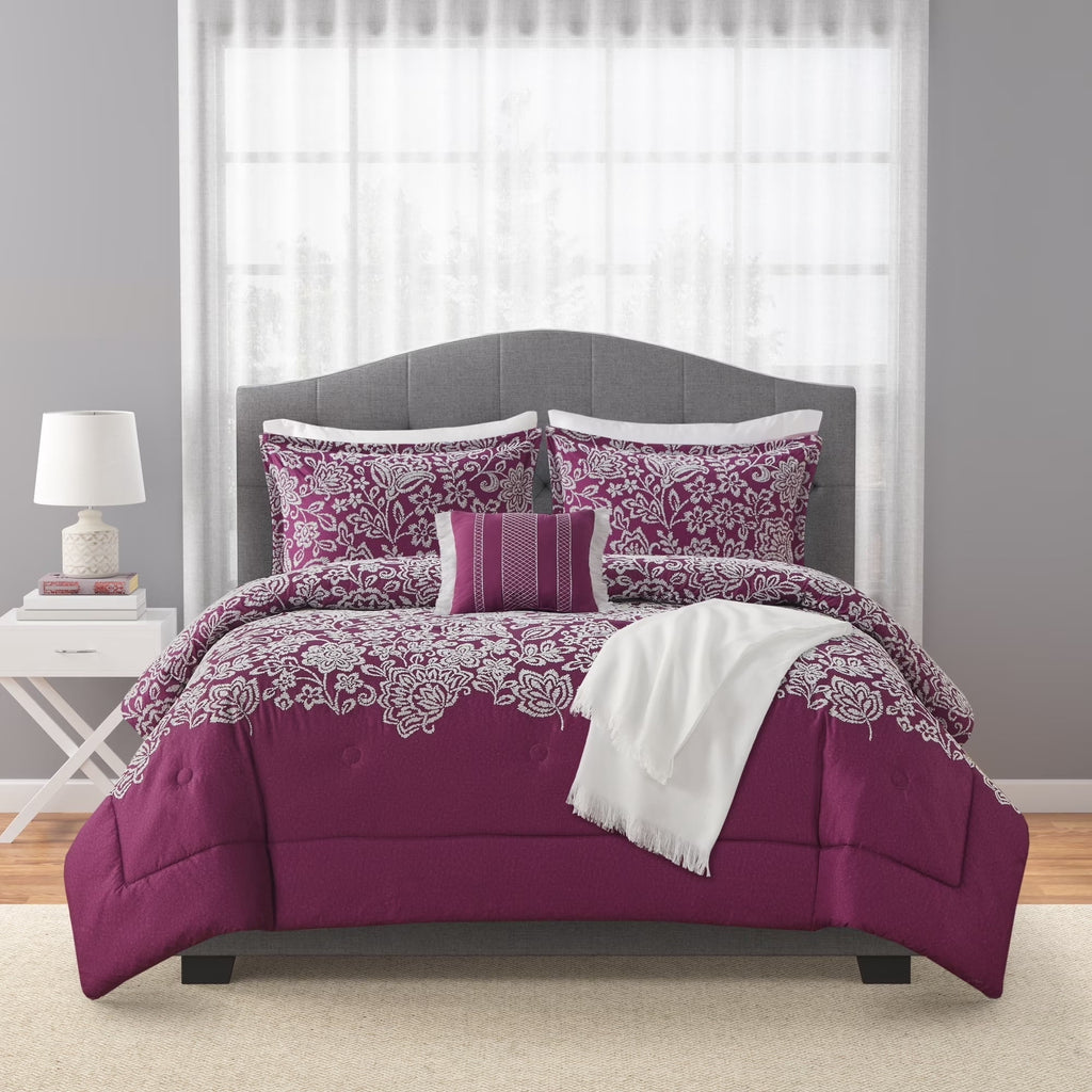 5-Piece Jacquard Comforter Set with Decor Pillow and Throw Purple Flocking Embroidery Bedding Set, Full/Queen - Image 3