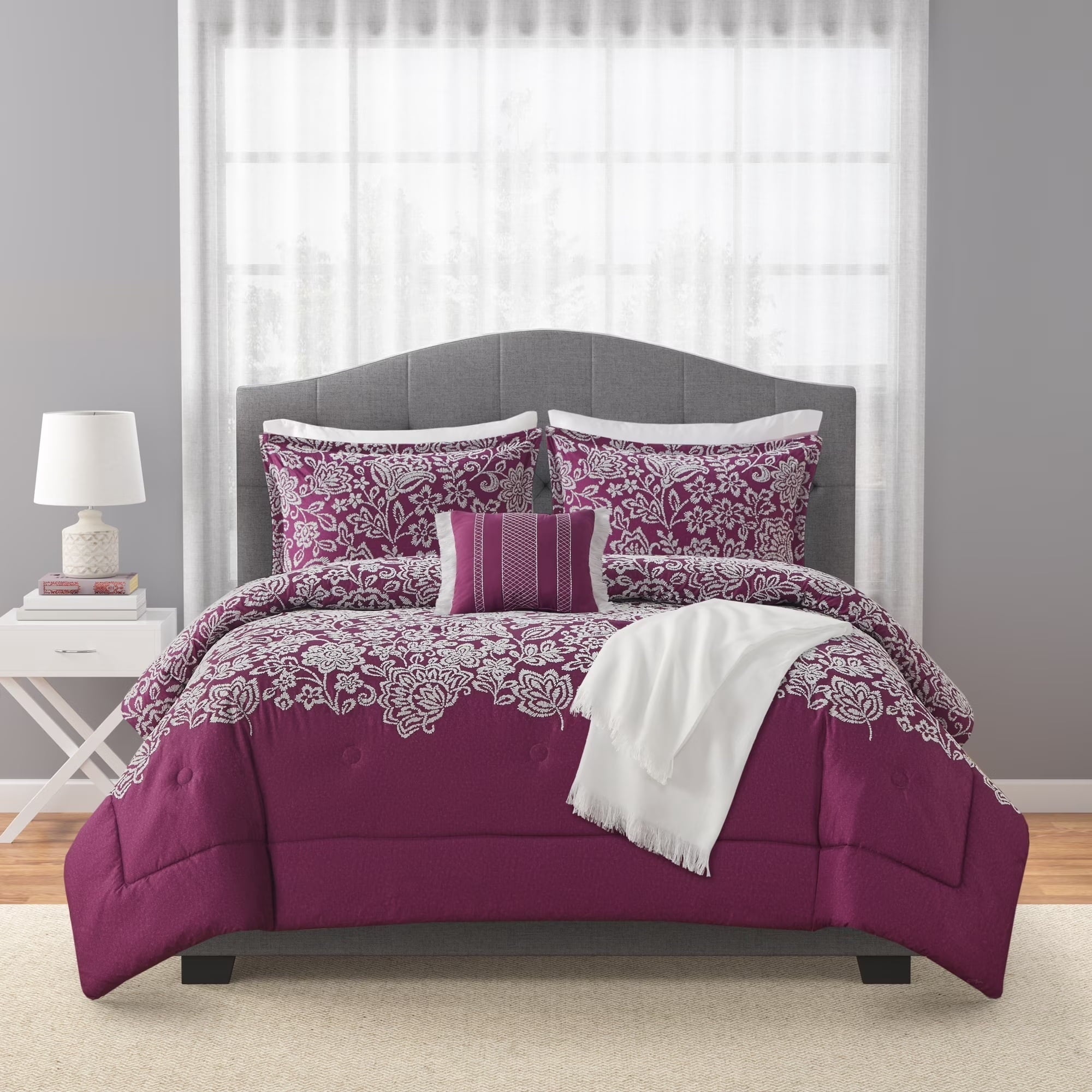 5-Piece Jacquard Comforter Set with Decor Pillow and Throw Purple Flocking Embroidery Bedding Set, Full/Queen - Image 3