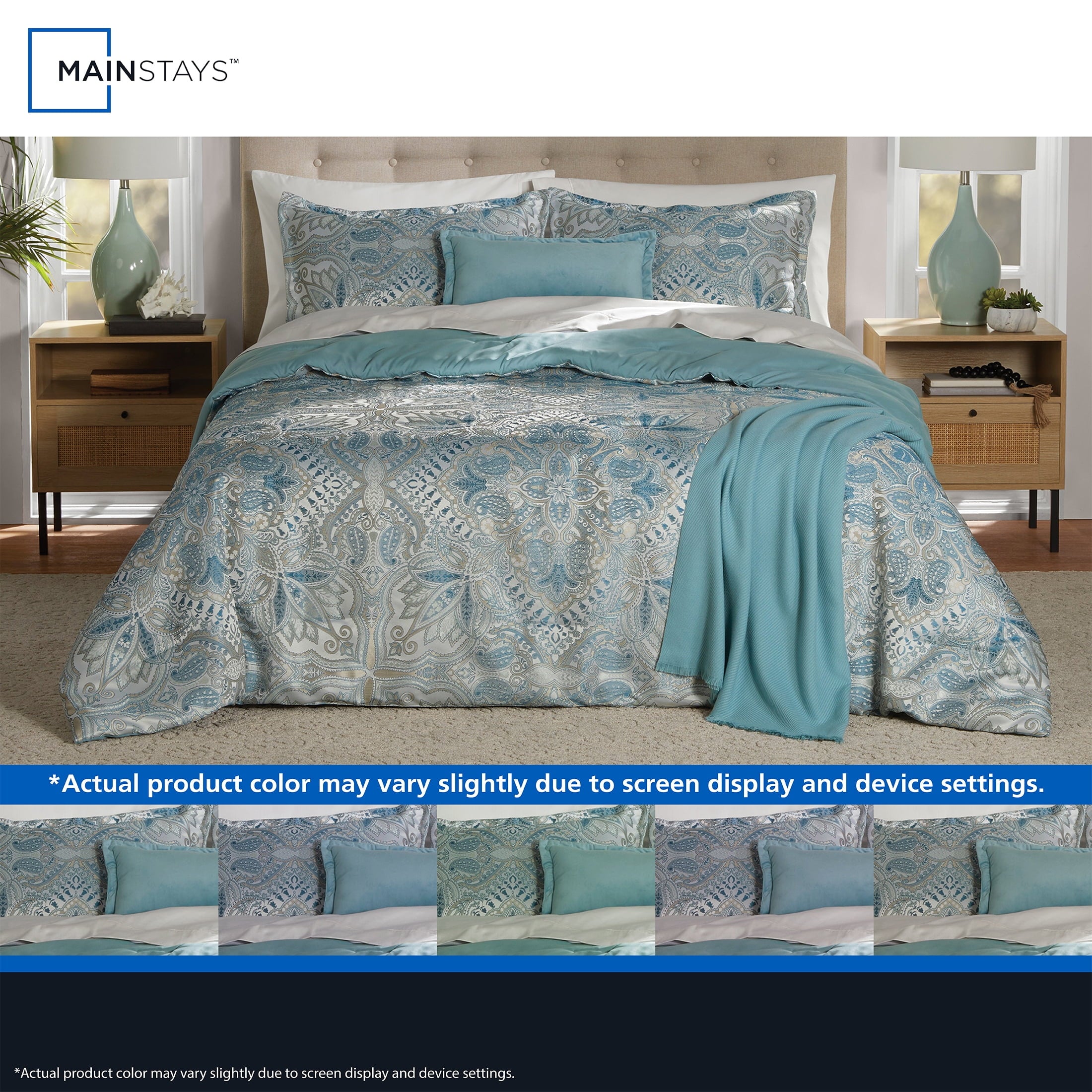 Full/Queen Comforter Set, All-Season, 5-Piece, Teal Jacquard Medallion - Image 5