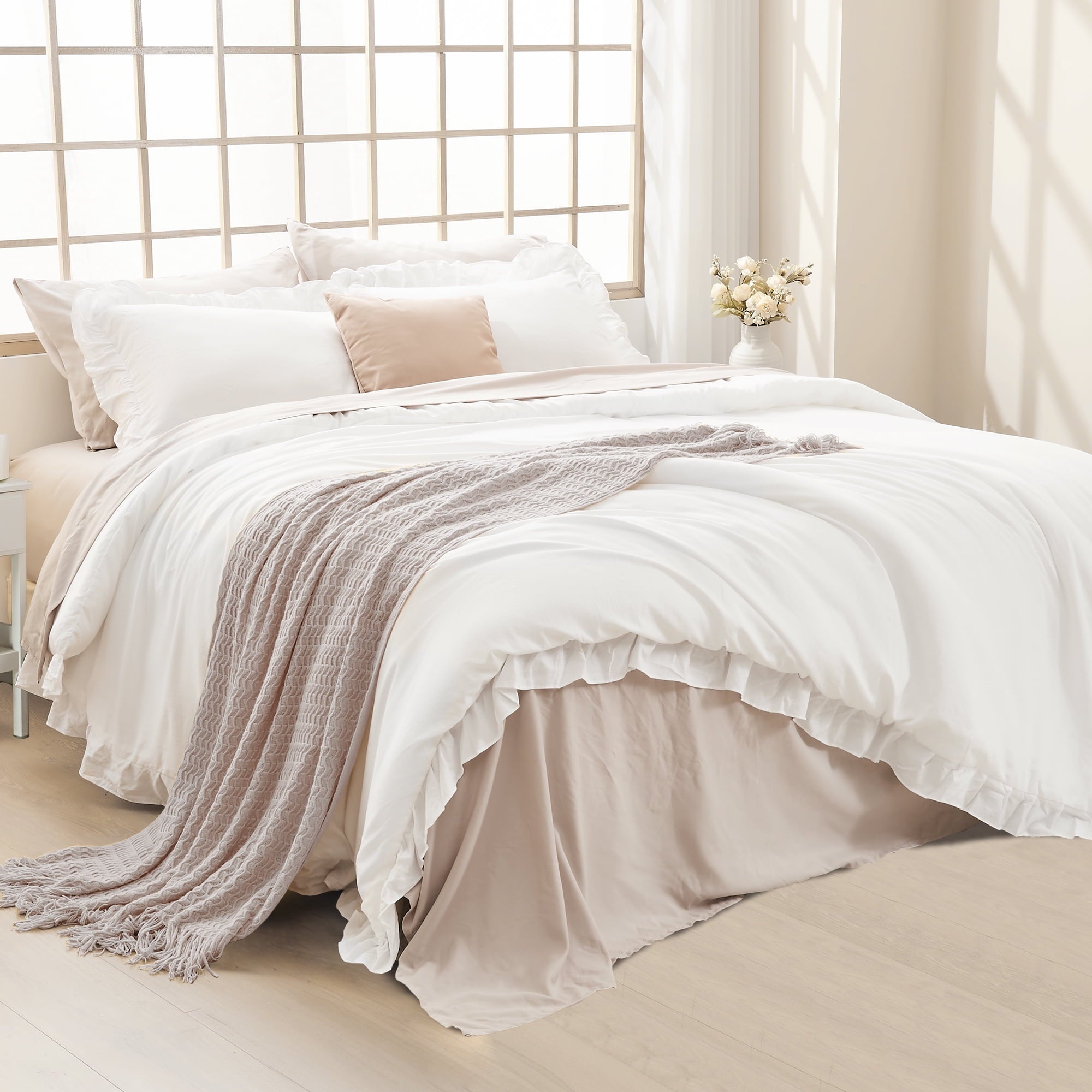 Queen Comforter Set White, 3 Pieces Soft Fluffy Farmhouse Ruffle Bedding Comforter Sets for Queen Bed, All Season Lig... - Image 6