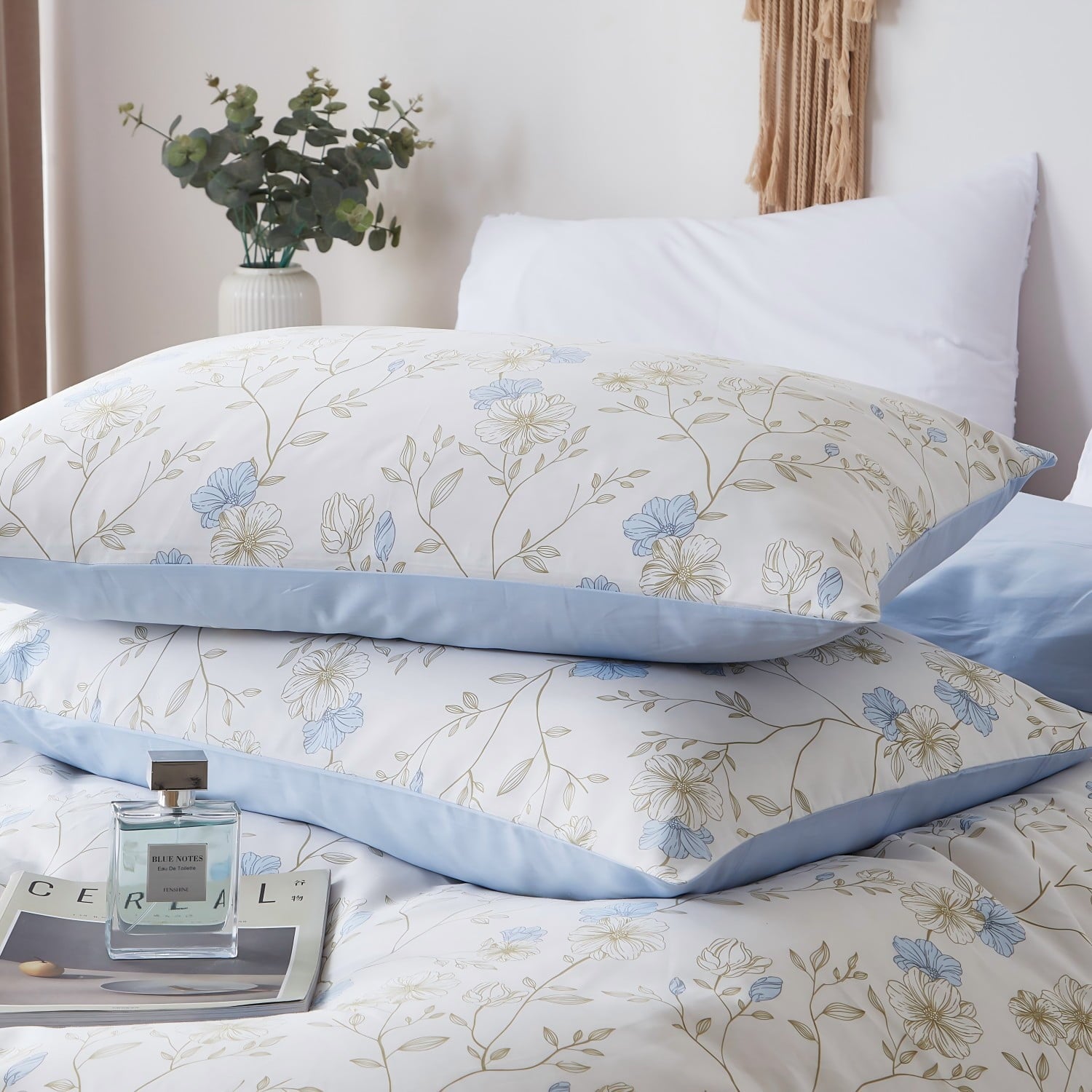 Cotton Comforter Sets Queen Size, 3 Pieces Botanical Blue Floral Reversible Bedding Sets for Adults All Season - Image 4
