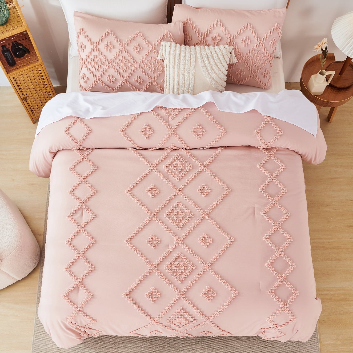Pink Diamond Jacquard Comforter Set Queen 3 Pcs Bohemian Tufts Quilt Set for Kids Girls Adult 100% Soft Microfiber Be... - Image 2