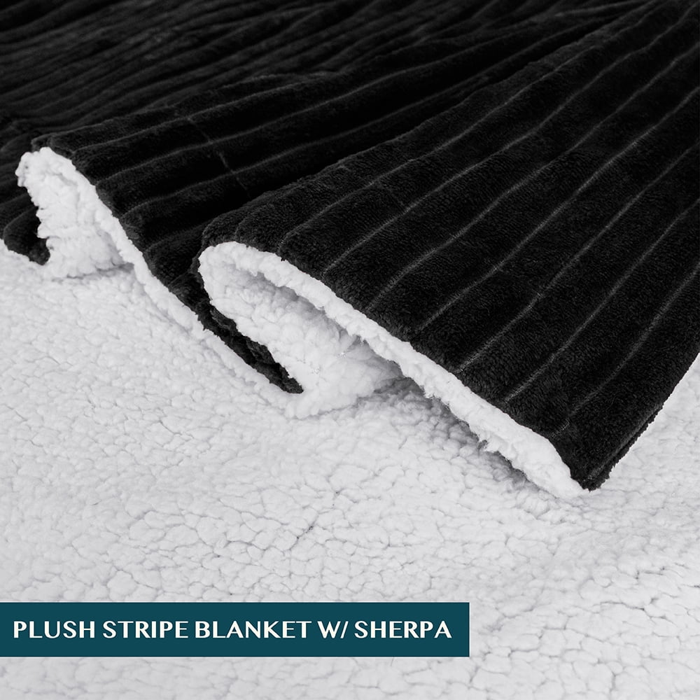 Reversible Sherpa Fleece Throw Blanket Black, Plush Flannel Throw, Ultra Soft Warm Ribbed Microfiber Blanket for Sofa... - Image 3