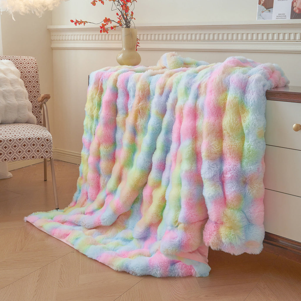 Fluffy Faux Rabbit Fur Bubble Throw, Rainbow Plush Shaggy Blanket for Couch Sofa Chair, Soft Tie Dye Furry Blanket Ad... - Image 5