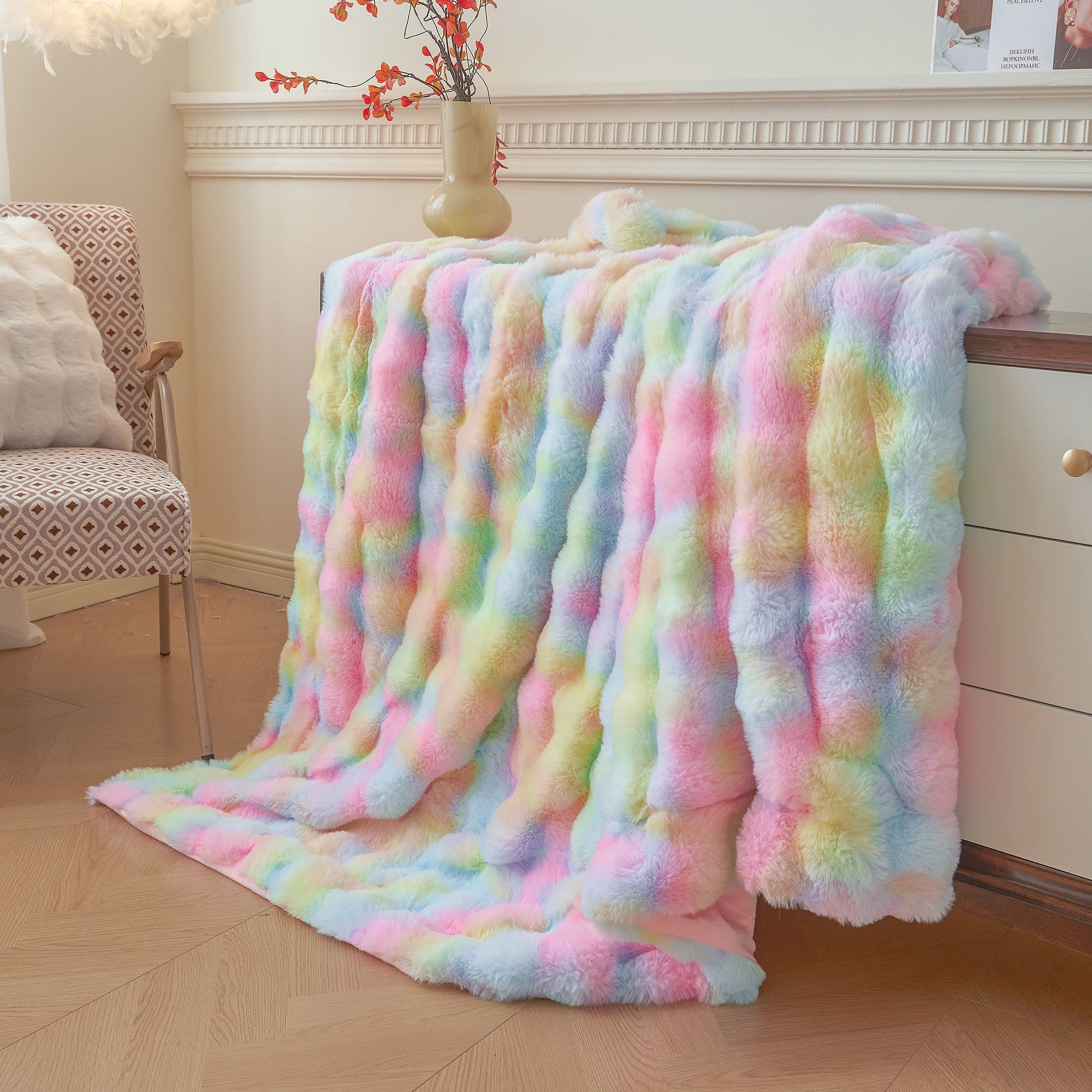 Fluffy Faux Rabbit Fur Bubble Throw, Rainbow Plush Shaggy Blanket for Couch Sofa Chair, Soft Tie Dye Furry Blanket Ad... - Image 5