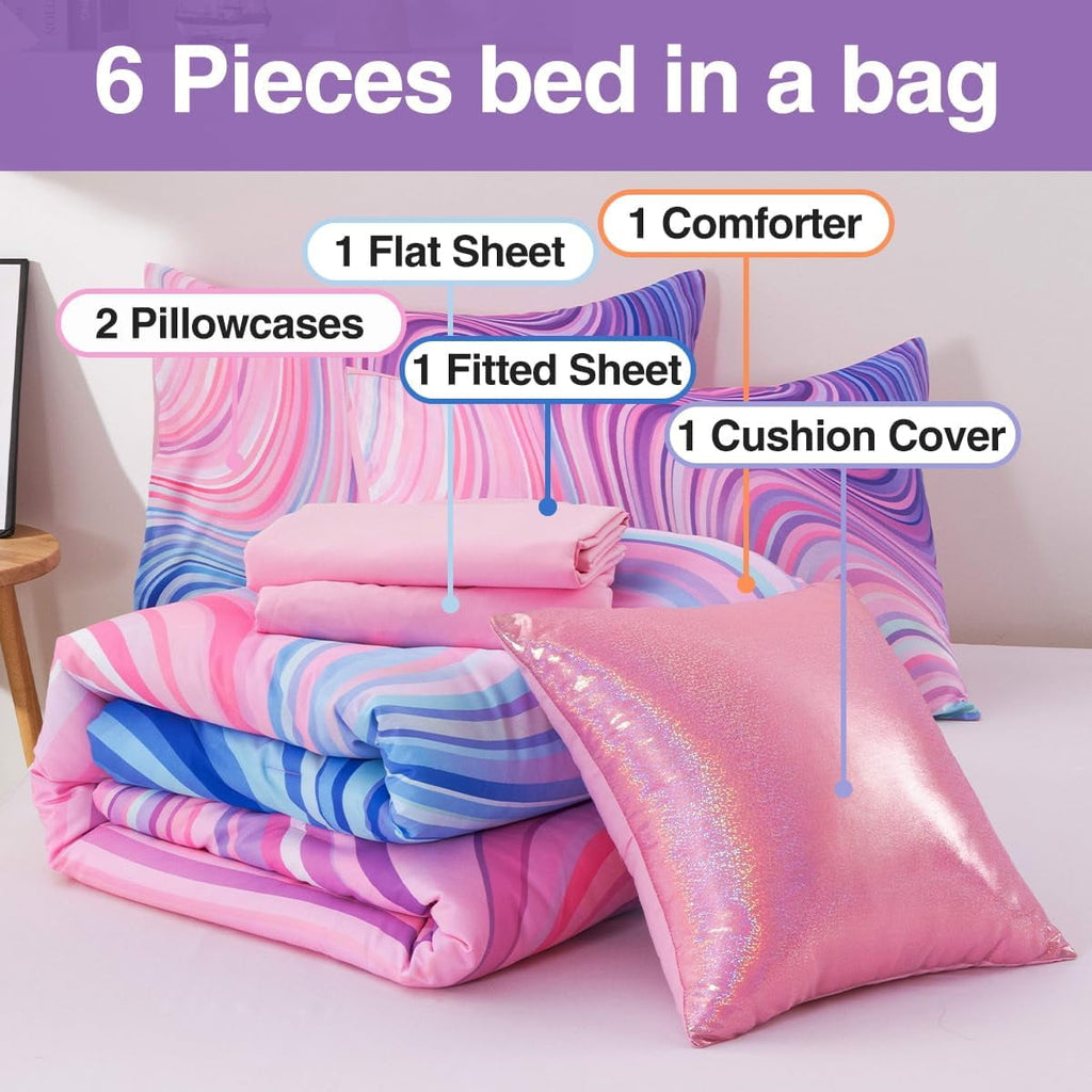 6 Pieces Gradient Star Ring Comforter Set, Colorful Glitter Rainbow Wave Stripes Pattern Bedding Set for Boys Girls T... - Image 6