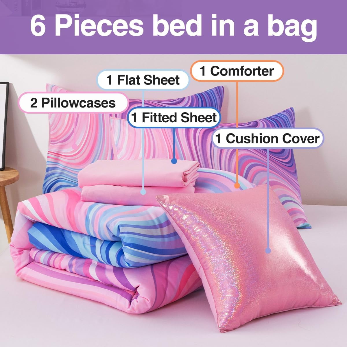 6 Pieces Gradient Star Ring Comforter Set, Colorful Glitter Rainbow Wave Stripes Pattern Bedding Set for Boys Girls T... - Image 6
