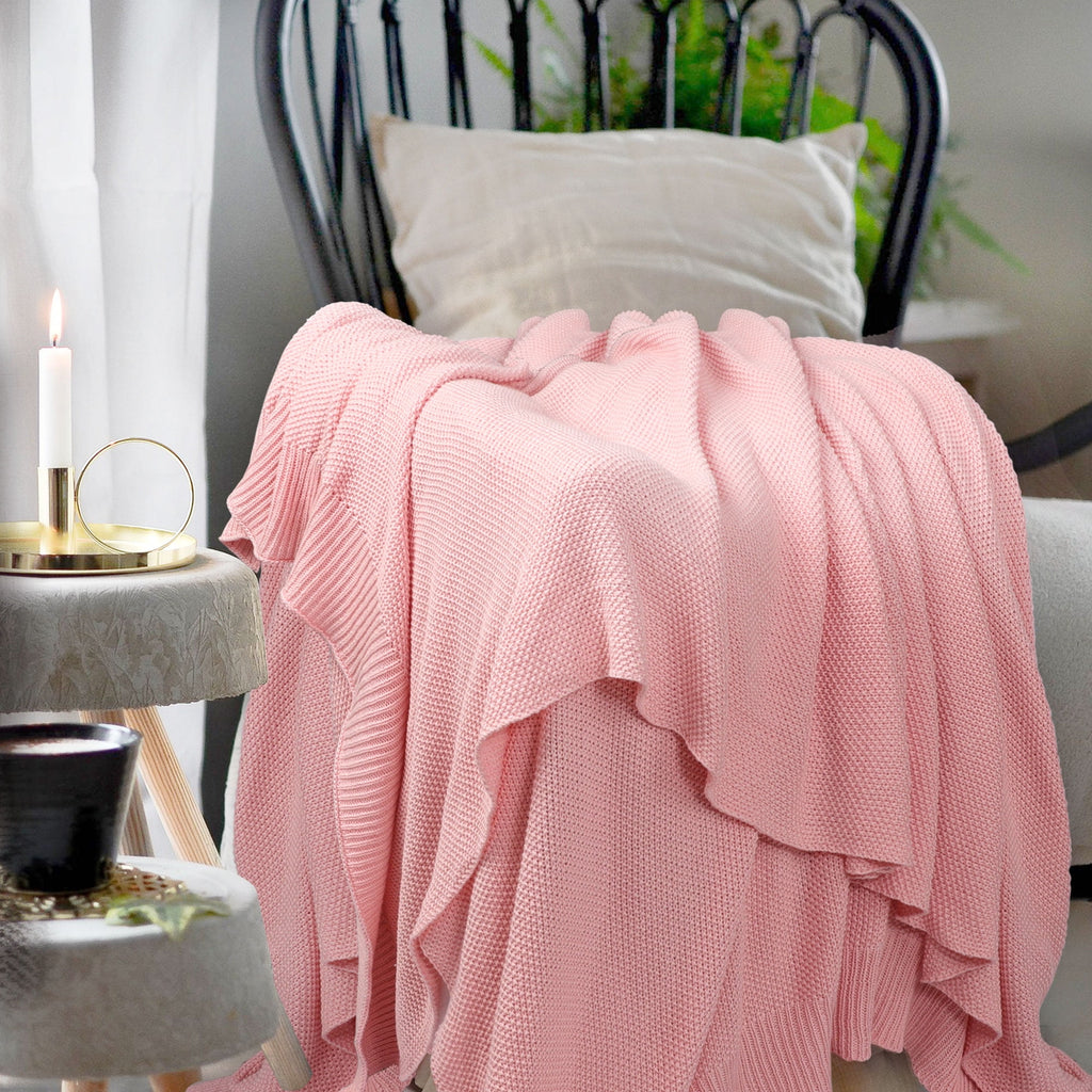 Pure Cotton Soft Cable Knit Throw Blanket Pink 50" x 70" - Image 3