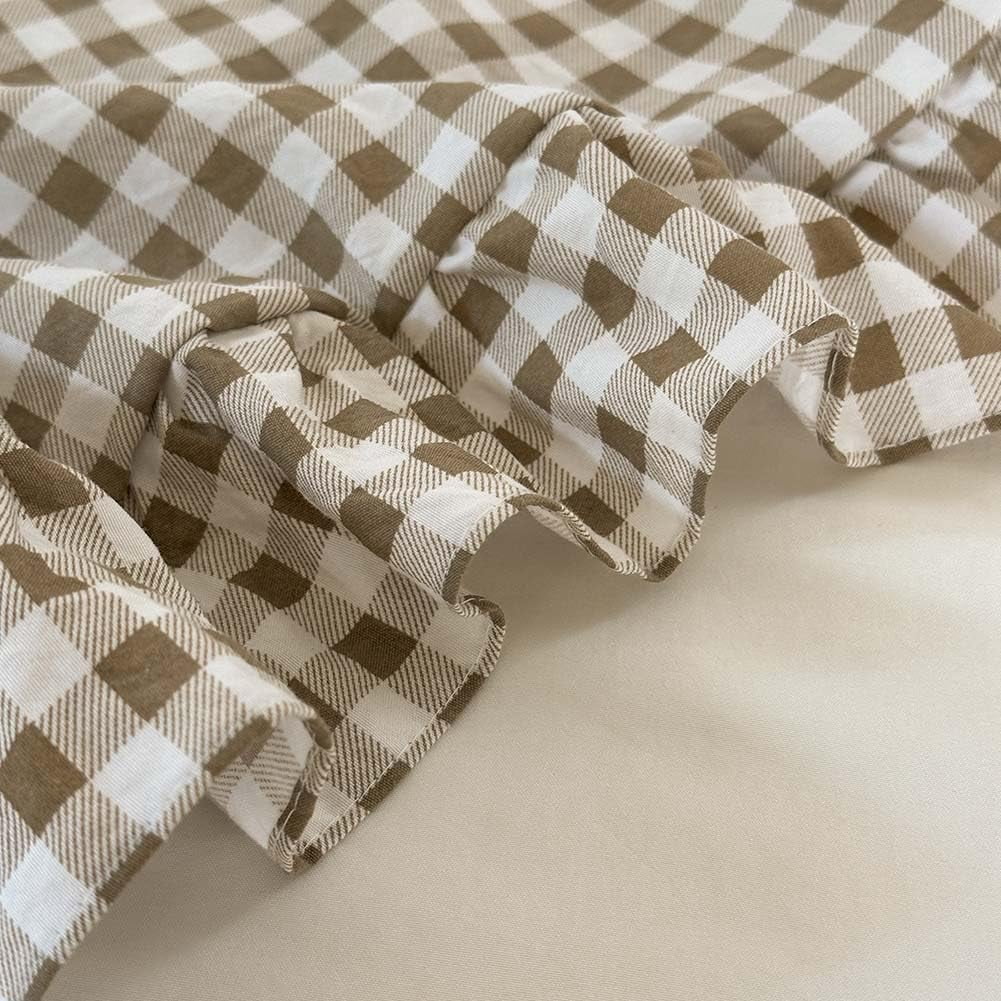 Tan Gingham Ruffle Queen Comforter Set, Taupe Ruffled Plaid Bedding Set, Ruffled Checked Bed Comforter 3 Pieces(Tan Gingham, Queen) - Image 6