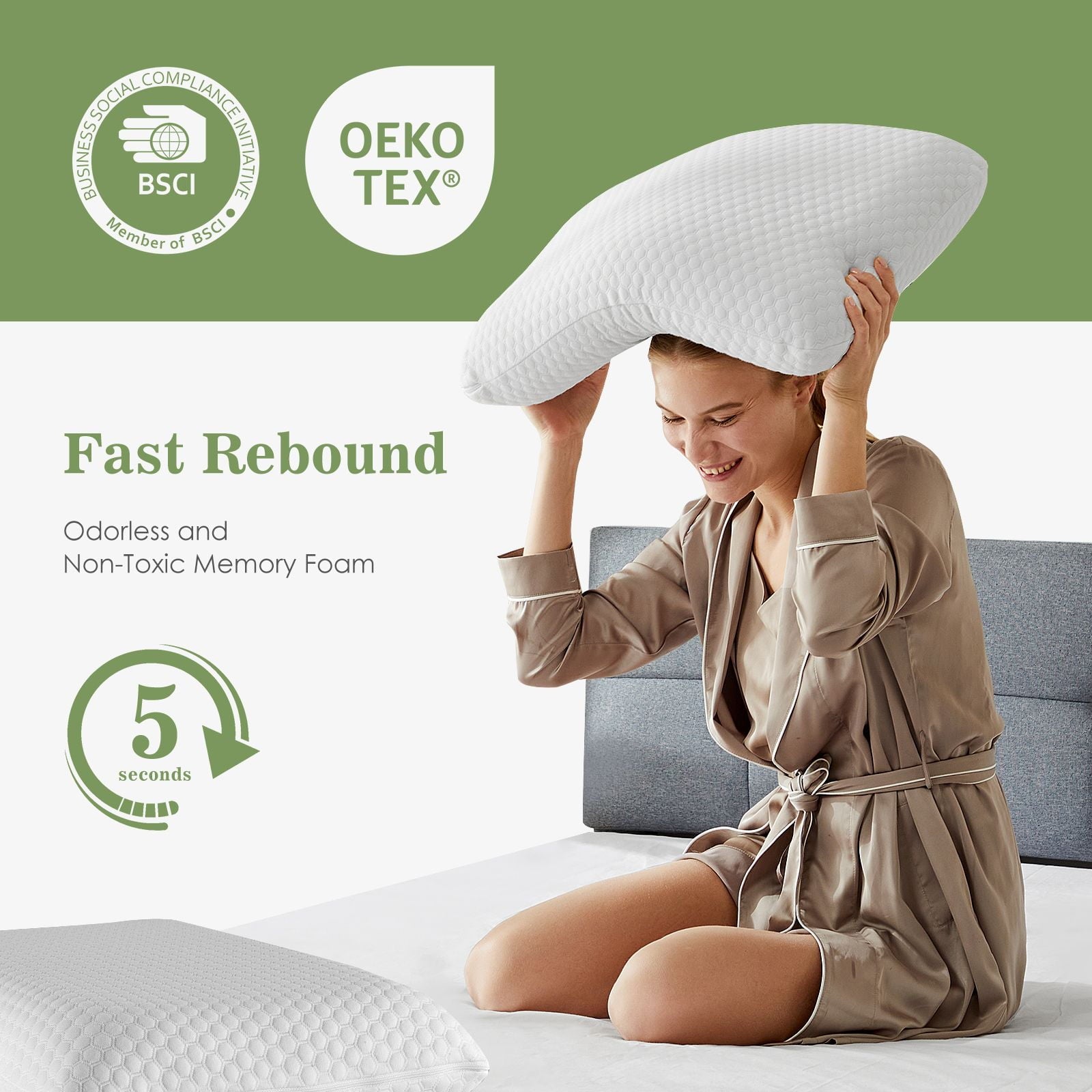 Memory Foam Pillow for Sleeping, 24"D x 16"W x 4.7"H, Soft Supportive Hotel Pillow for Bed, Washable Cover, Set of 2 - Image 3