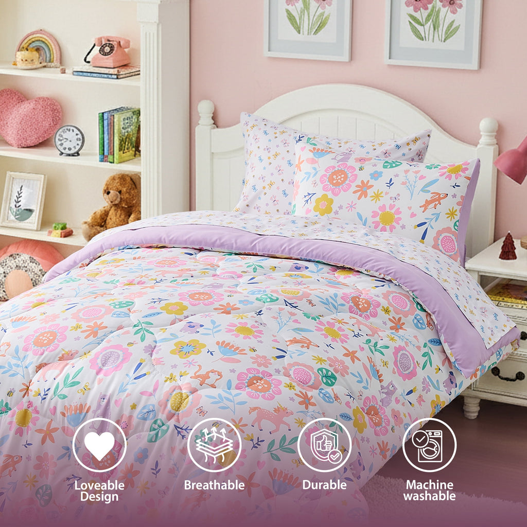 Floral Comforter Set, Soft Microfiber Flower Bedding Set, 5 Pieces with Comforter, Sheets and Pillowcases, Twin - Image 5