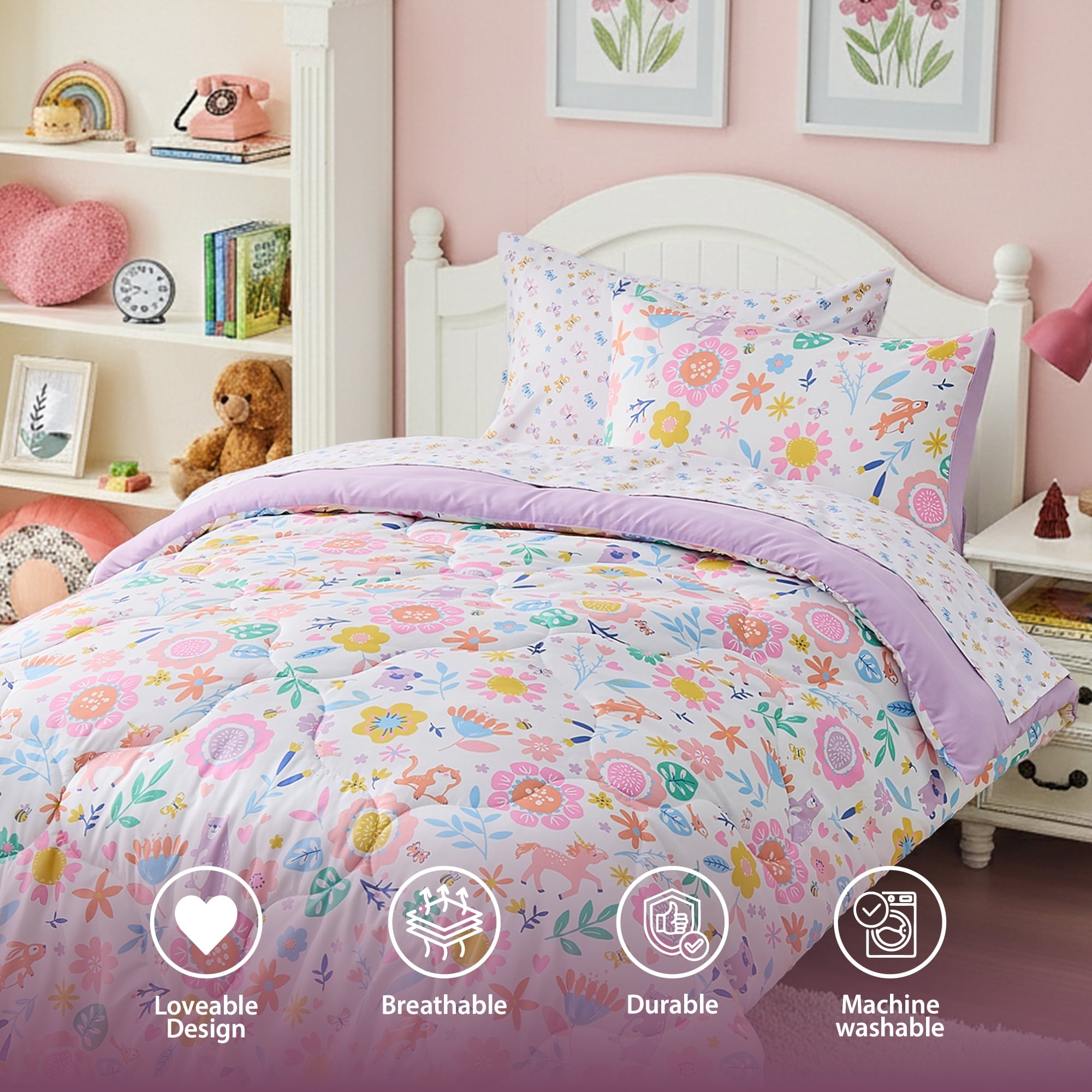 Floral Comforter Set, Soft Microfiber Flower Bedding Set, 5 Pieces with Comforter, Sheets and Pillowcases, Twin - Image 5