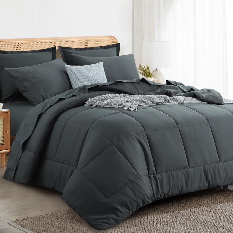 7 Pieces Comforter Set with Sheets - Bed in a Bag with Comforter and All Season Sheets, Pillowcases,Dark Gray,Queen - Image 2