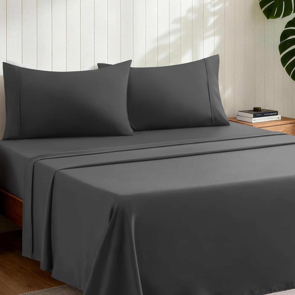 Sheets,Soft Hotel Luxury Polyester Washed Cotton,4 Piece Sheets Set,with 14" Deep Pocket,Dark Gray - Image 2