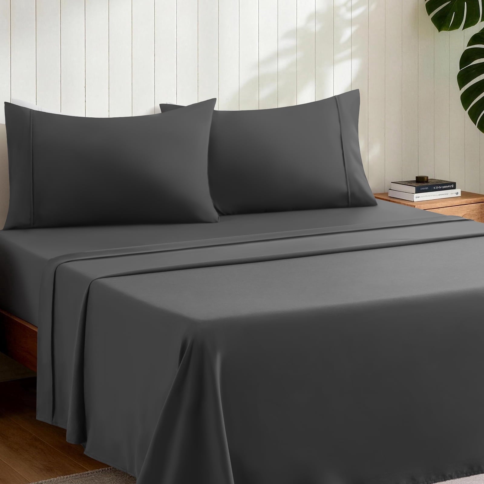 Sheets,Soft Hotel Luxury Polyester Washed Cotton,4 Piece Sheets Set,with 14" Deep Pocket,Dark Gray - Image 2