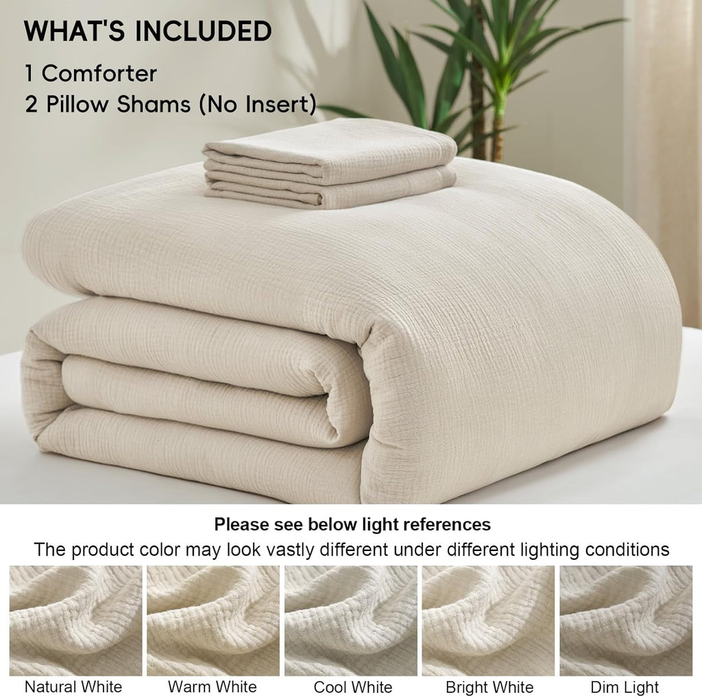 PHF Cotton Muslin Comforter Set Queen Size, Ultra Soft Breathable & Lightweight Bedding Set for All Seasons, 1 Comfy Comforter 90"x90", 2 Pi - Image 6