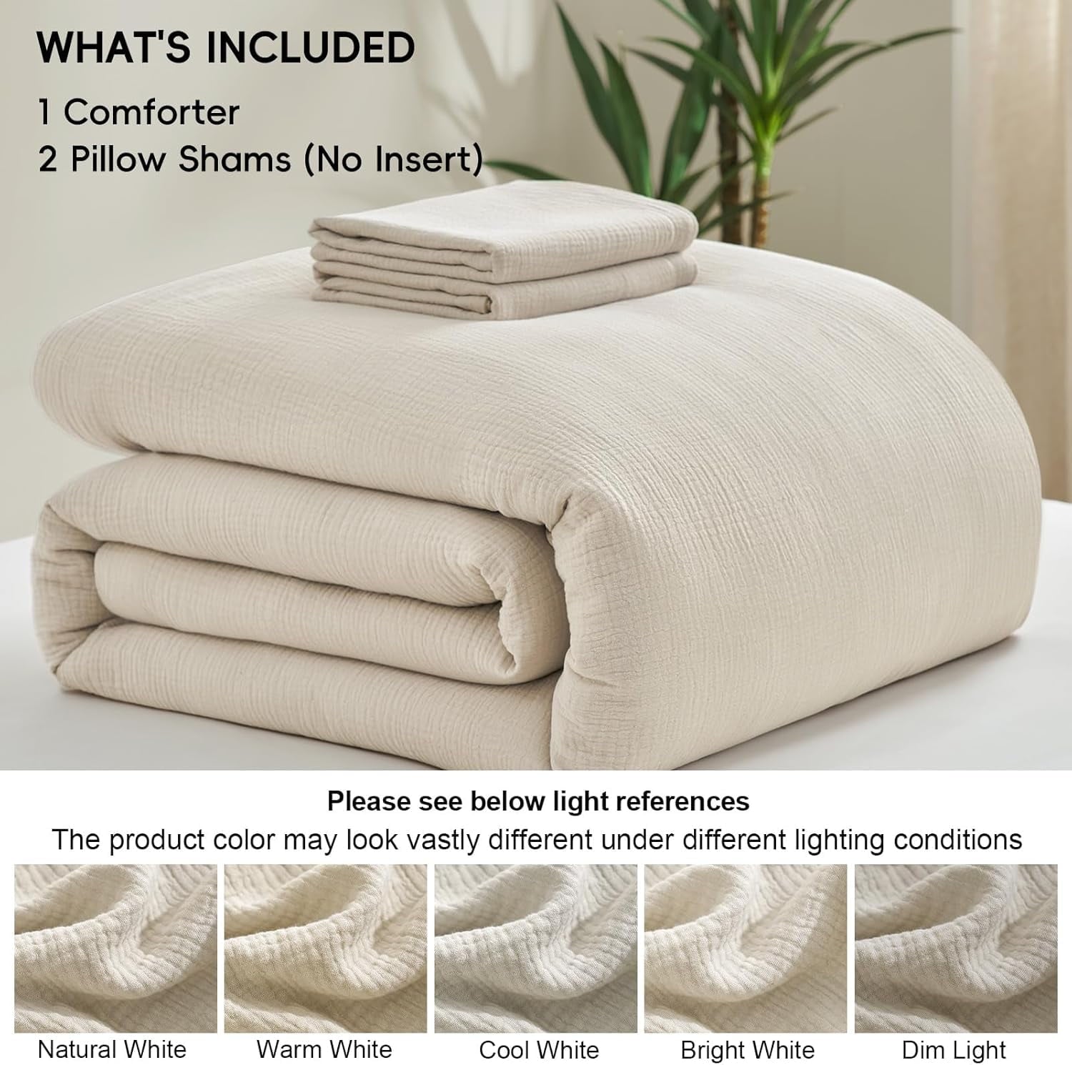 PHF Cotton Muslin Comforter Set Queen Size, Ultra Soft Breathable & Lightweight Bedding Set for All Seasons, 1 Comfy Comforter 90"x90", 2 Pi - Image 6