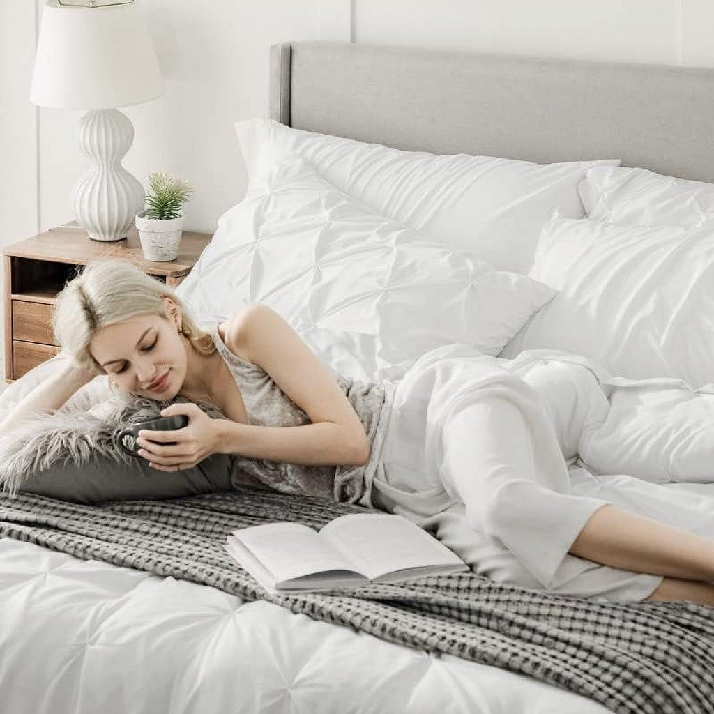 White Queen Comforter Set- 7 Pieces Pintuck Bedding Set with Comforters, Sheets, Pillowcases & Shams - Image 4