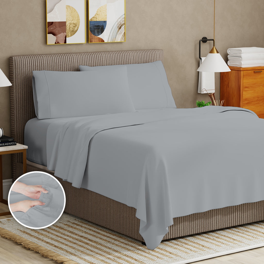 Soft Finish Microfiber Percale Queen Bed Sheet Set – 4-Piece Lightweight, Wrinkle-Resistant, Quick-Dry, Light Gray - Image 6