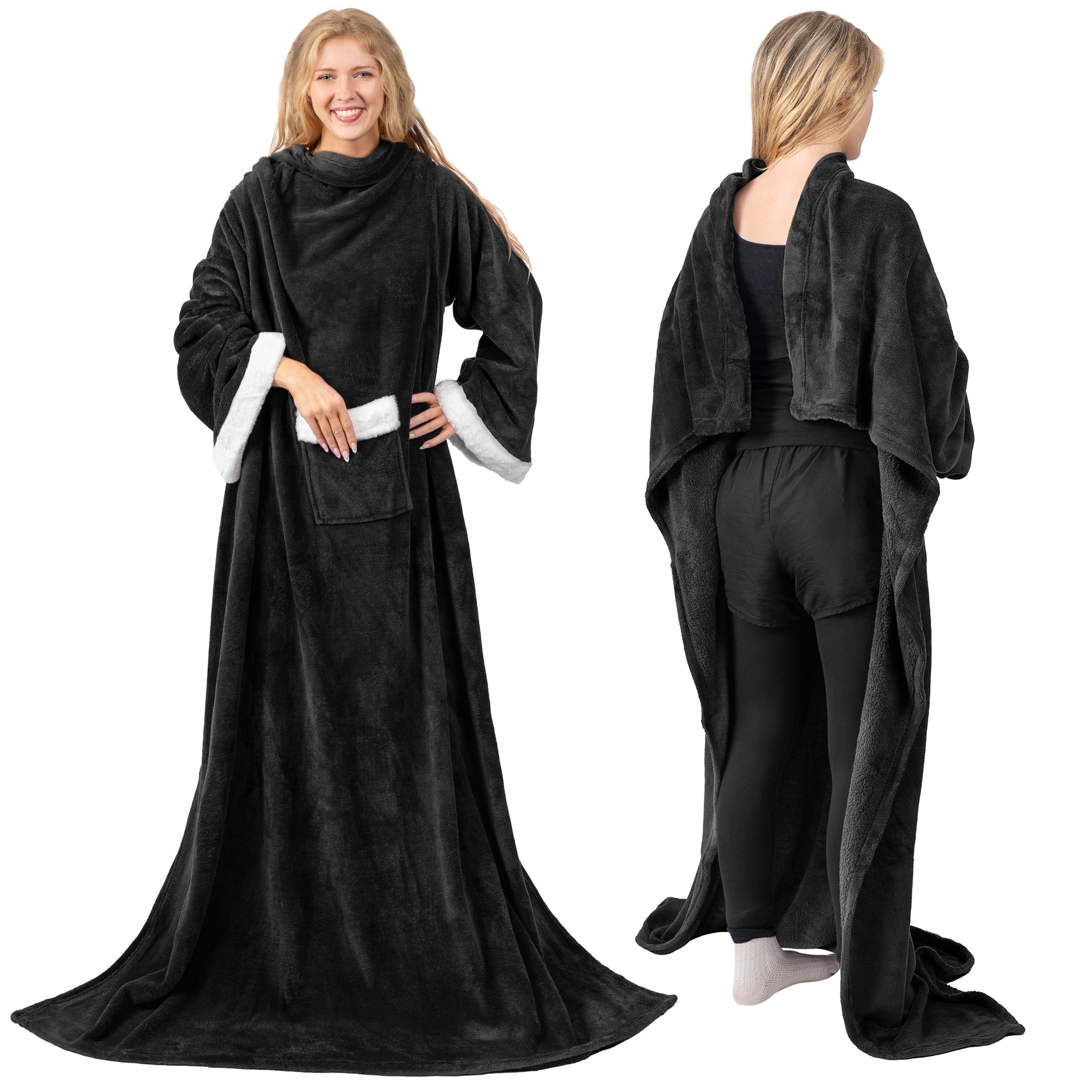 PAVILIA Fleece Blanket with Sleeves for Women Men Adults, Wearable Blanket Warm Soft Plush, Snuggle Pocket Sleeved TV Throw Wrap, Cozy White - Image 3
