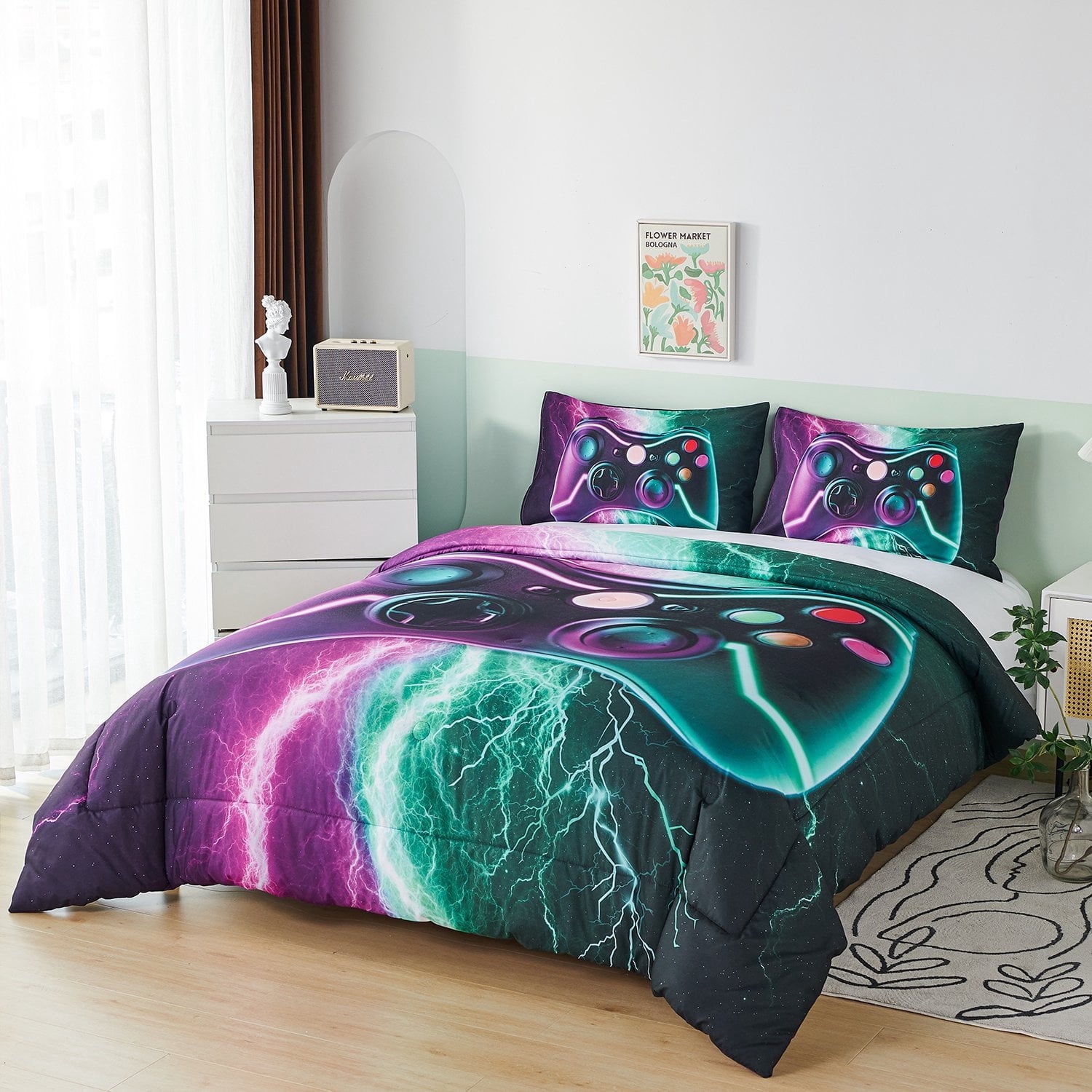 PERFEMET Queen Size Gaming Comforter Set for Boys,3-Piece 3D Green Purple Lightning Game Controller Bedding Set for Kids Teens - Image 3