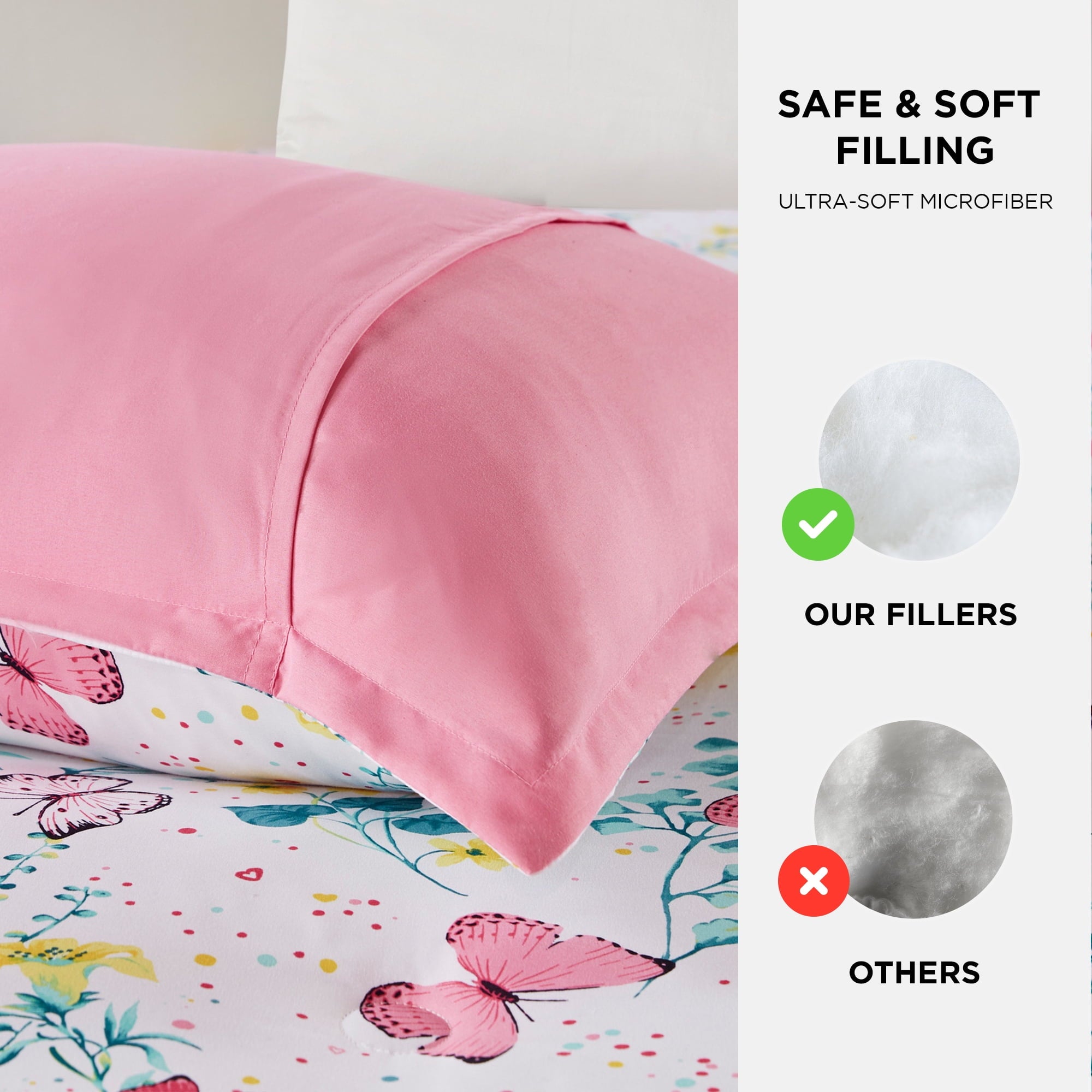 Full/Queen Size Comforter Sets, 4-Piece Kids Bedding Set for Girls, Butterfly Floral Comforter Bed Set, White/Pink - Image 2