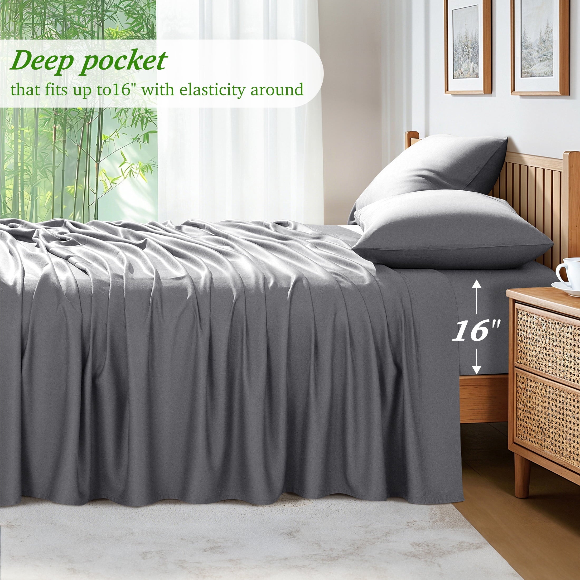 Bamboo Queen Sheet Set, Luxury Soft 4 Pieces Bed Sheets with 18" Deep Pocket, Gray - Image 3