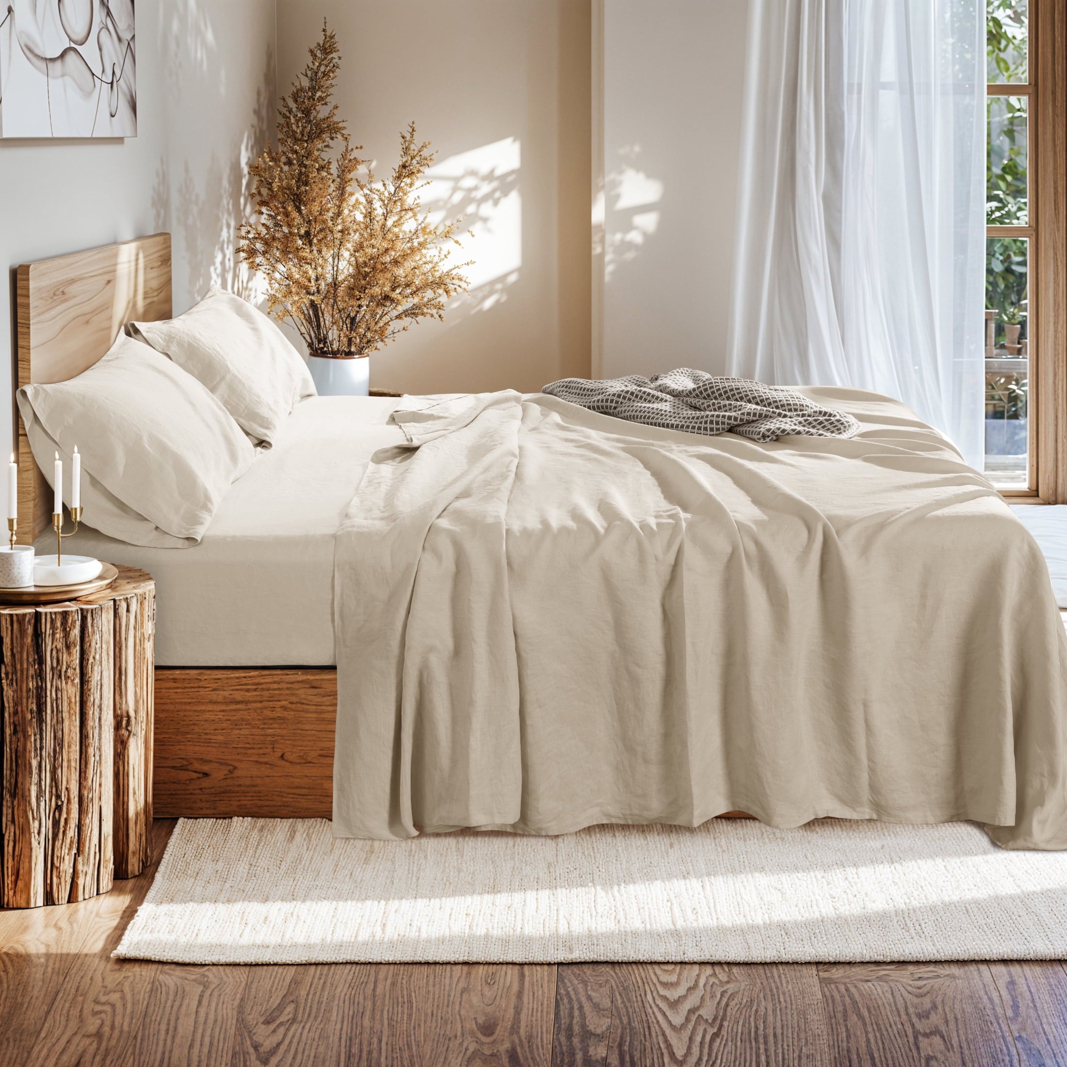 Natural Linen Cotton Bed Sheets Set, Deep Pocket - Breathable - Durable - 4 Pieces (Linen, Queen) - Image 5