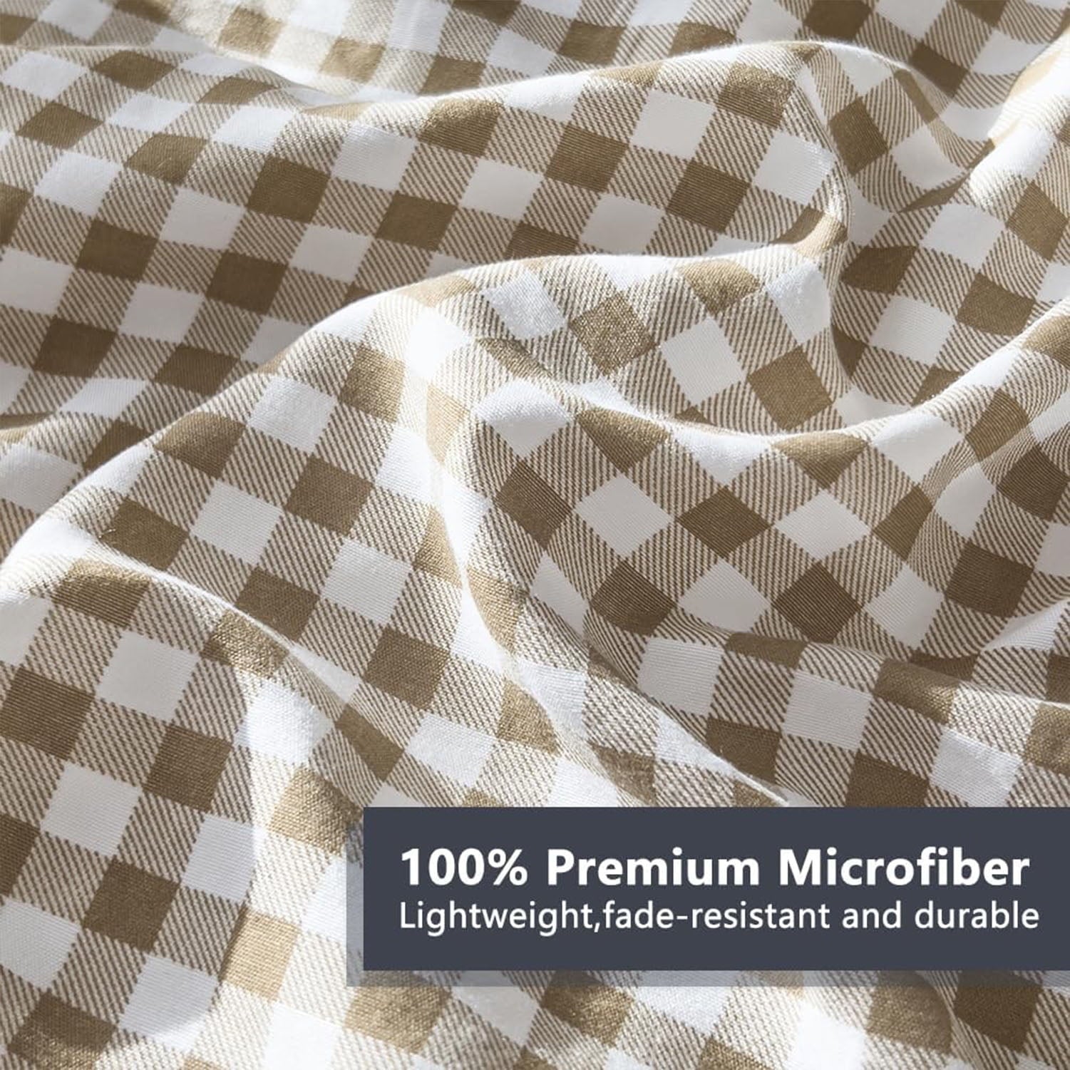 Tan Gingham Queen Comforter Set, Taupe Plaid Bedding Set, Checked Bed Comforter 3 Pieces(Tan Gingham, Queen) - Image 4