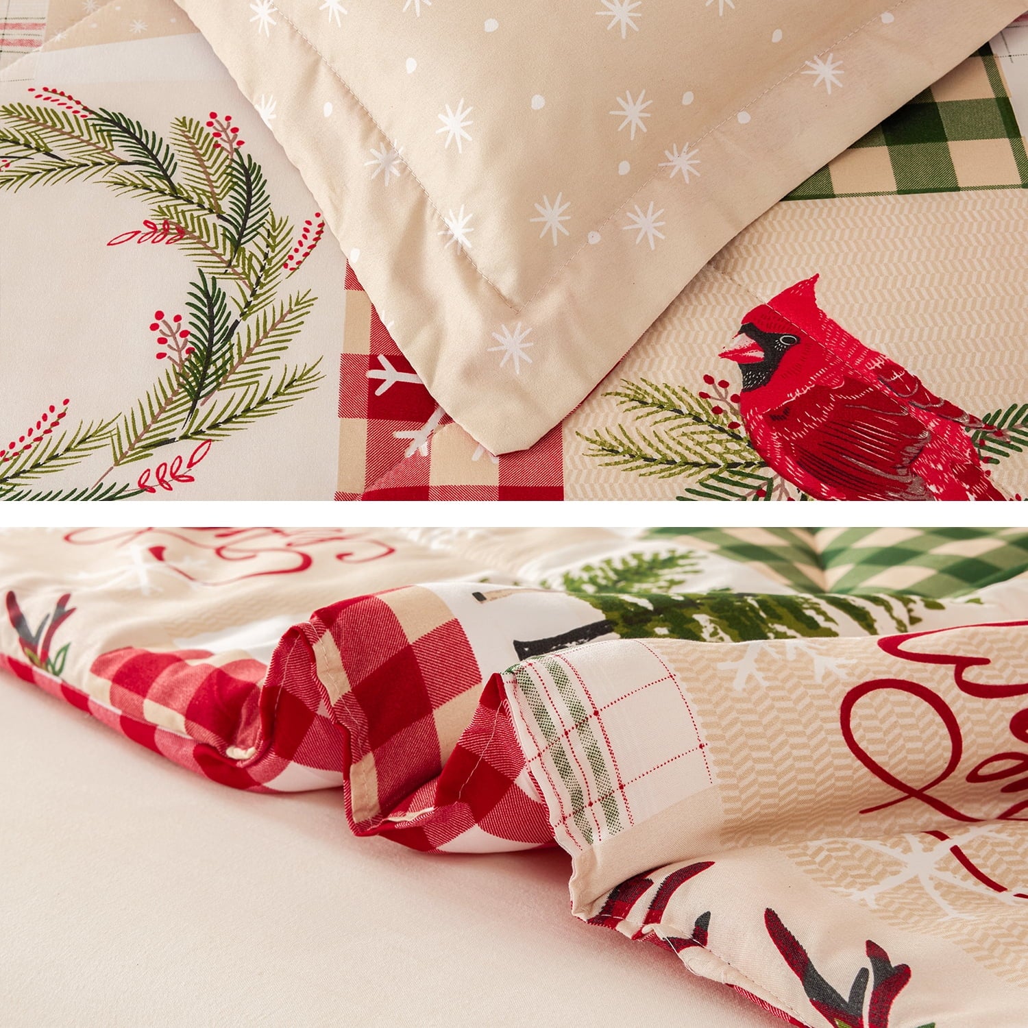 Smuge 3 Pcs Christmas Comforter Set, Bed in a Bag Wreath Snowman Queen/Full Size Xmas Bedding Set Fitted Pillowcases for Adult - Image 6