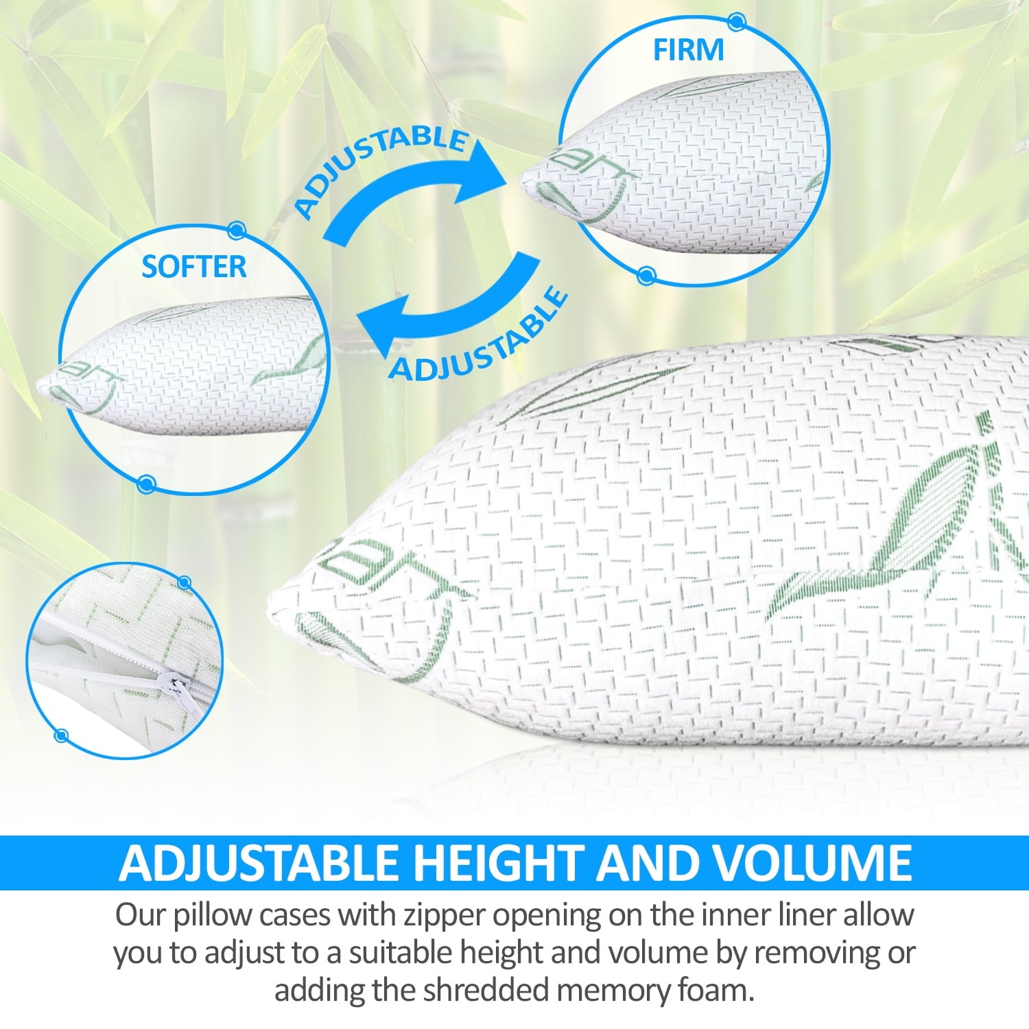 Queen Size Bamboo Pillow, Memory Foam Bed Pillows with Washable Pillowcases, Queen - Image 3