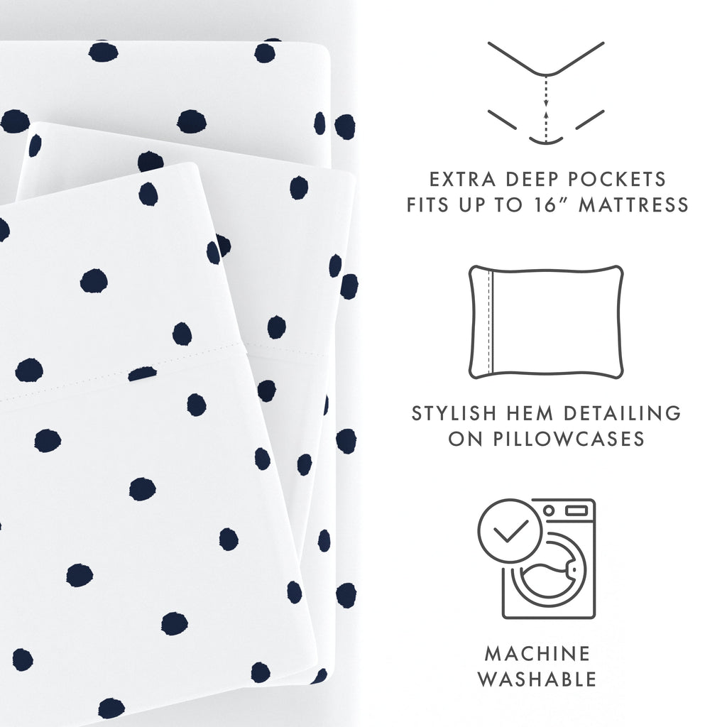 Noble Linens 4 Piece Pattern Microfiber Bed Sheets Set, Navy Dots, California King - Image 6