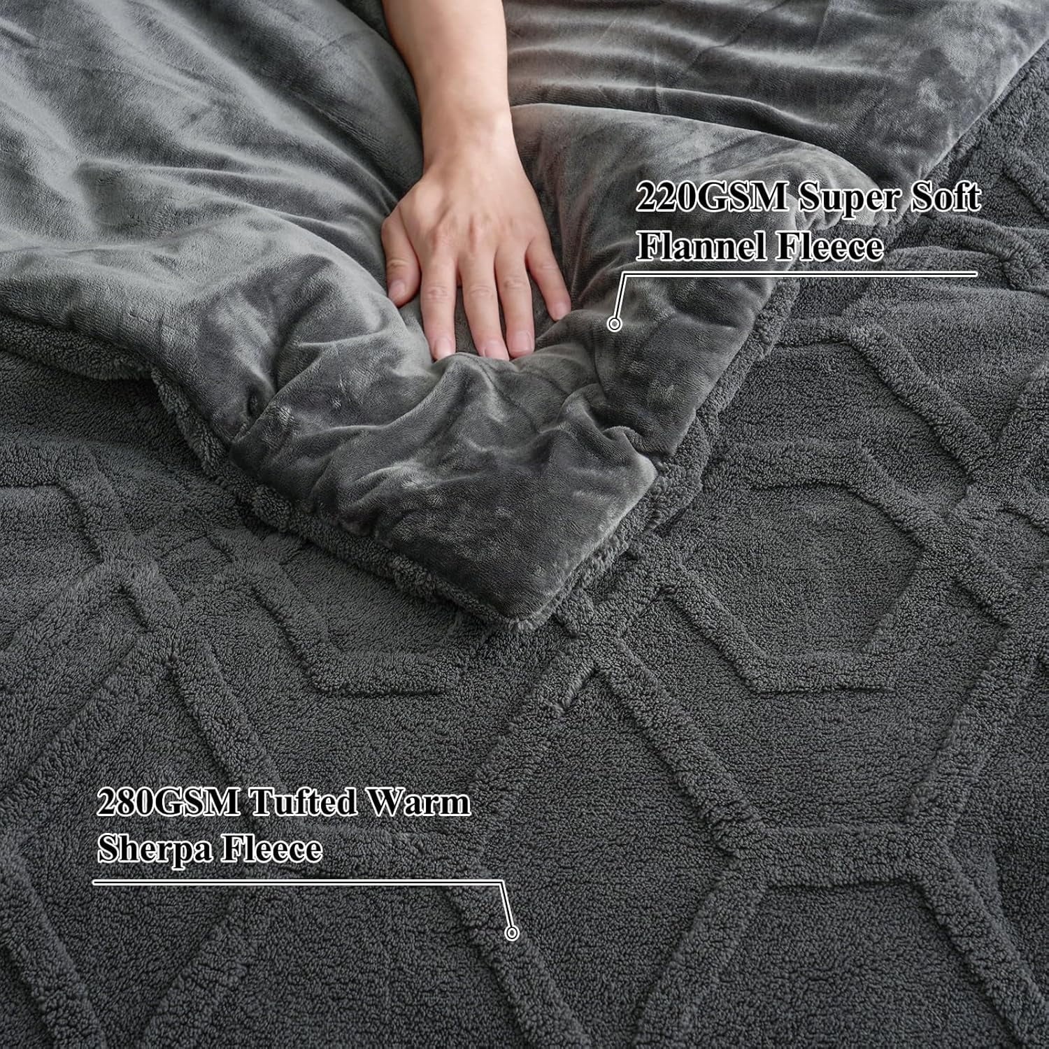 PHF Warm Sherpa Fleece Queen Comforter Set, 3D Tufted Fluffy Dark Grey Bedding for Winter, Soft 3 Pieces Shaggy Bed Set, 1 Comforter (90"x90 - Image 2