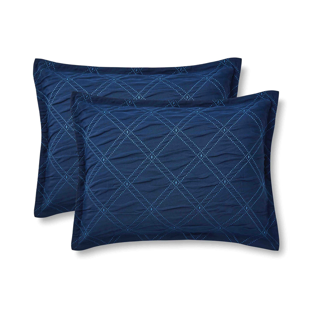 Mainstays 5-Piece Reversible Comforter Set Navy Cross Stitch Bedding with Decor Pillow and Throw, Full/Queen - Image 5