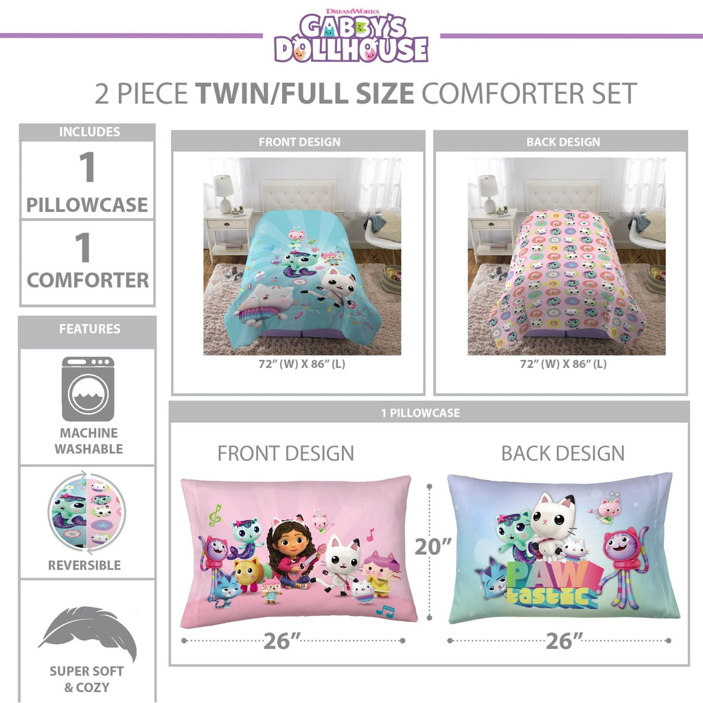 Gabby's Dollhouse Kids Comforter and Pillowcase, 2-Piece Set, Twin/Full, Reversible - Image 6