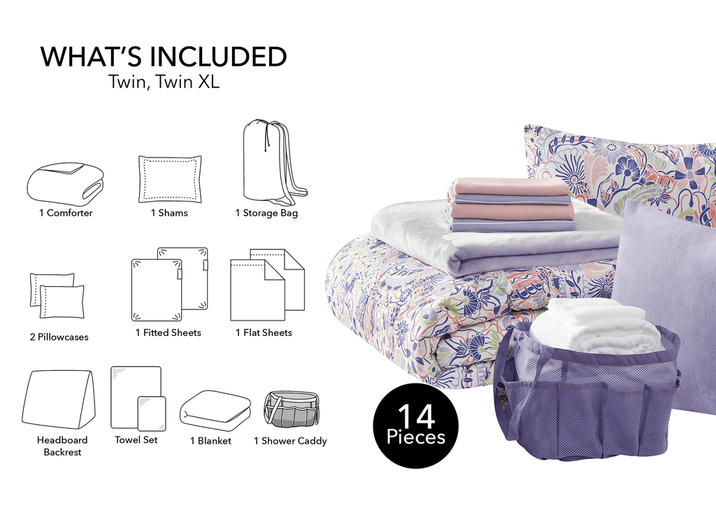 14pc College Dorm Essentials Bundle, Twin-XL, Reversible Bed in a Bag Comforter Set, Purple Floral - Image 5