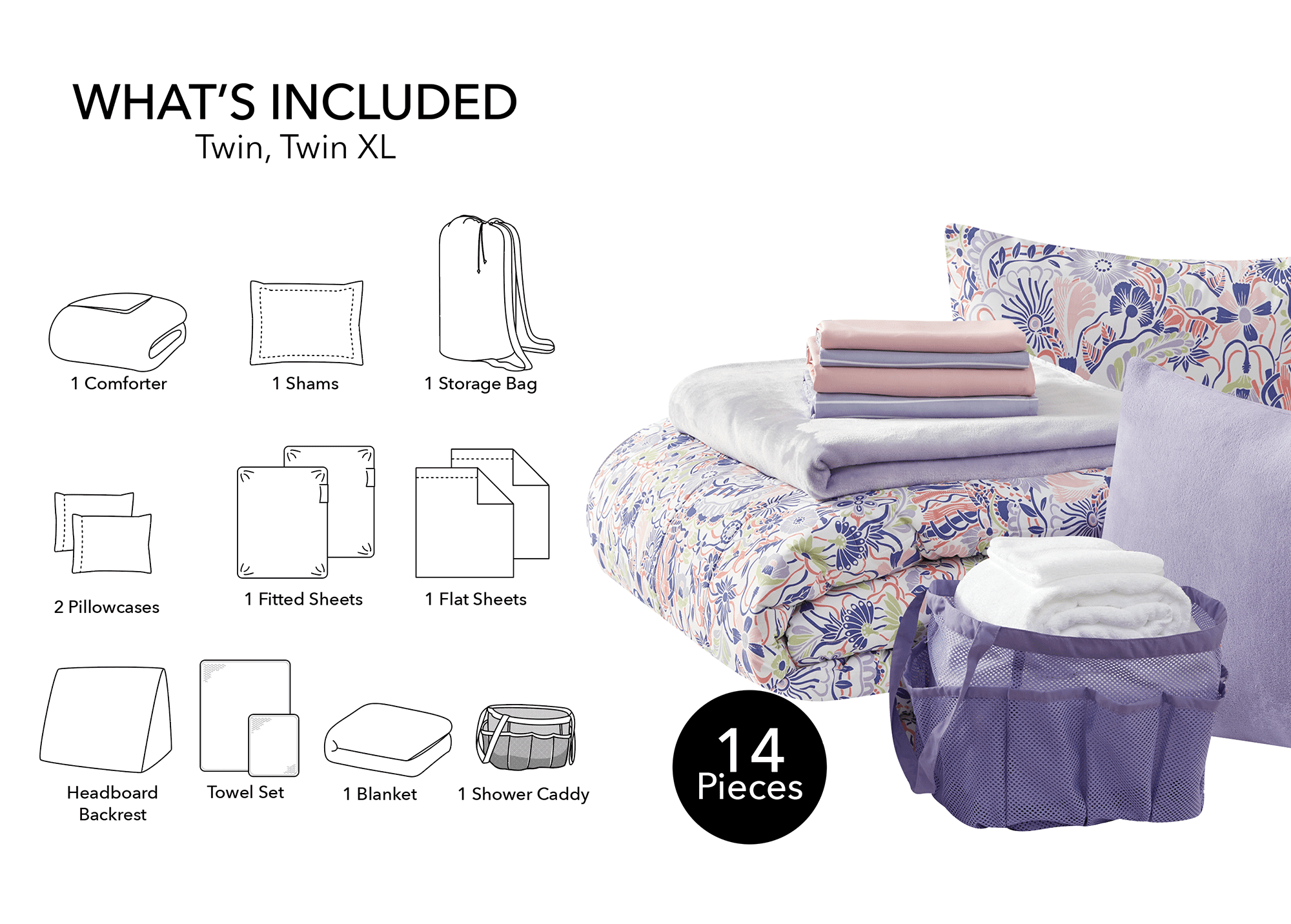 14pc College Dorm Essentials Bundle, Twin-XL, Reversible Bed in a Bag Comforter Set, Purple Floral - Image 5