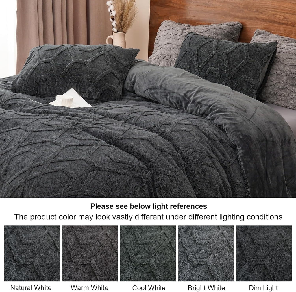 PHF Warm Sherpa Fleece Queen Comforter Set, 3D Tufted Fluffy Dark Grey Bedding for Winter, Soft 3 Pieces Shaggy Bed Set, 1 Comforter (90"x90 - Image 6