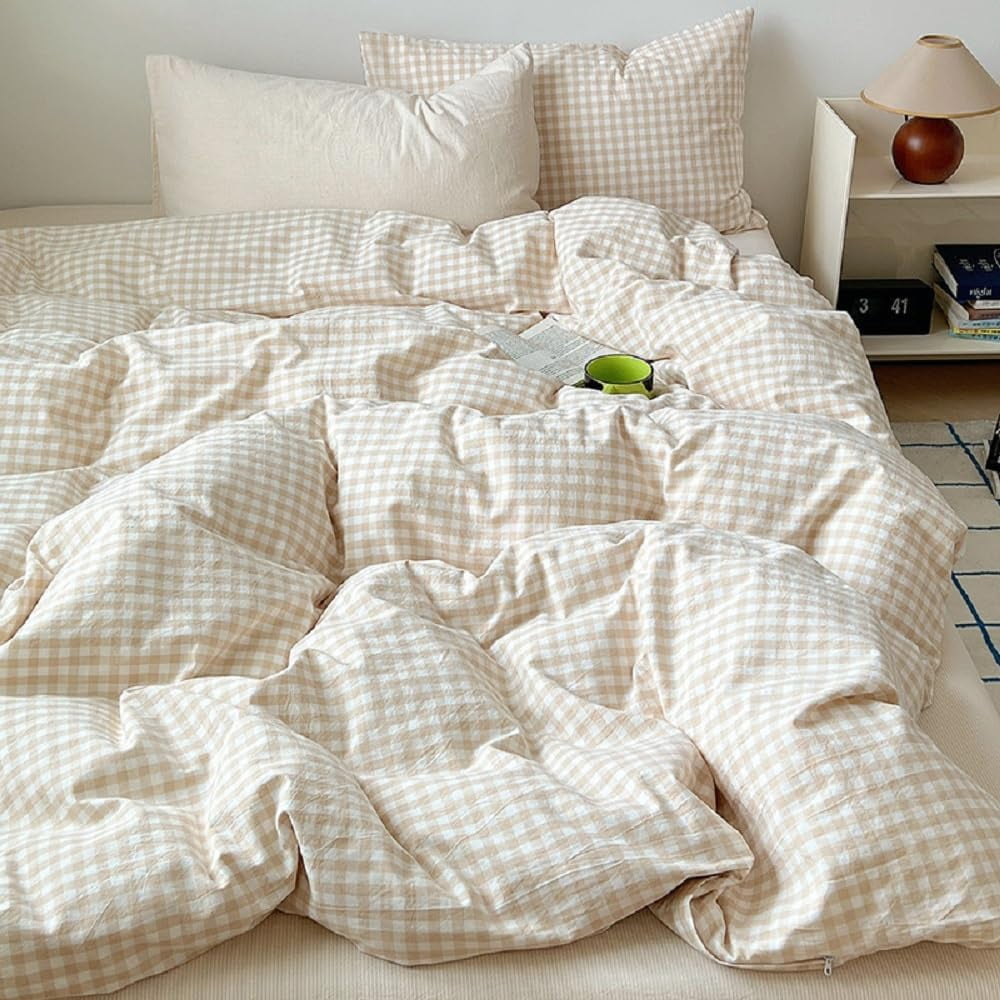 JOLUSERE Soft Beige White Plaid Comforter Twin Sets, 2 Pieces Breathable Plaid Buffalo Checkered Comforter for All Season - Image 5