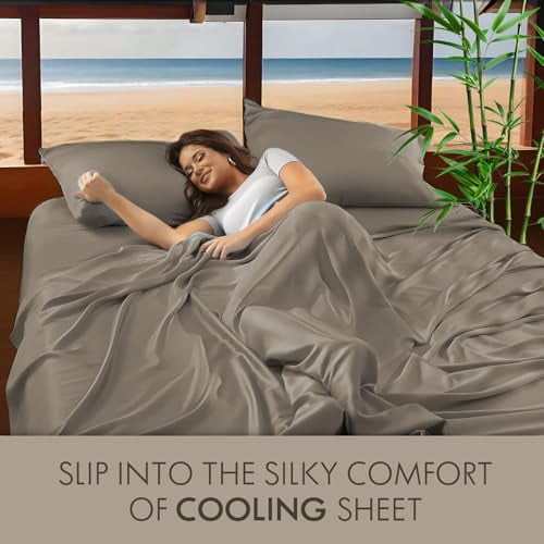 Home 4-Piece Queen Bamboo Bed Sheet Set, 100% Organic Cooling Fabric, 16" Deep Pocket, Taupe - Image 2
