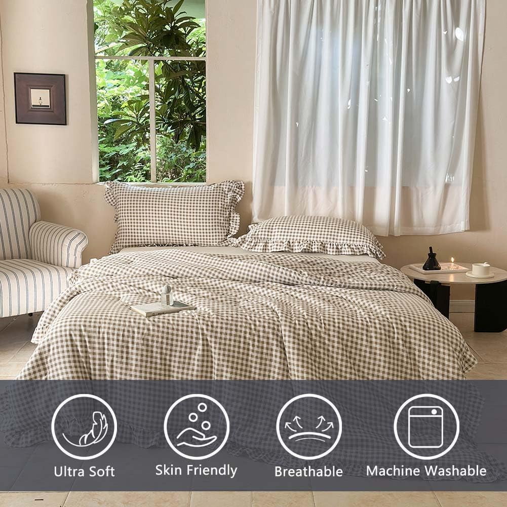 Tan Gingham Ruffle Queen Comforter Set, Taupe Ruffled Plaid Bedding Set, Ruffled Checked Bed Comforter 3 Pieces(Tan Gingham, Queen) - Image 2