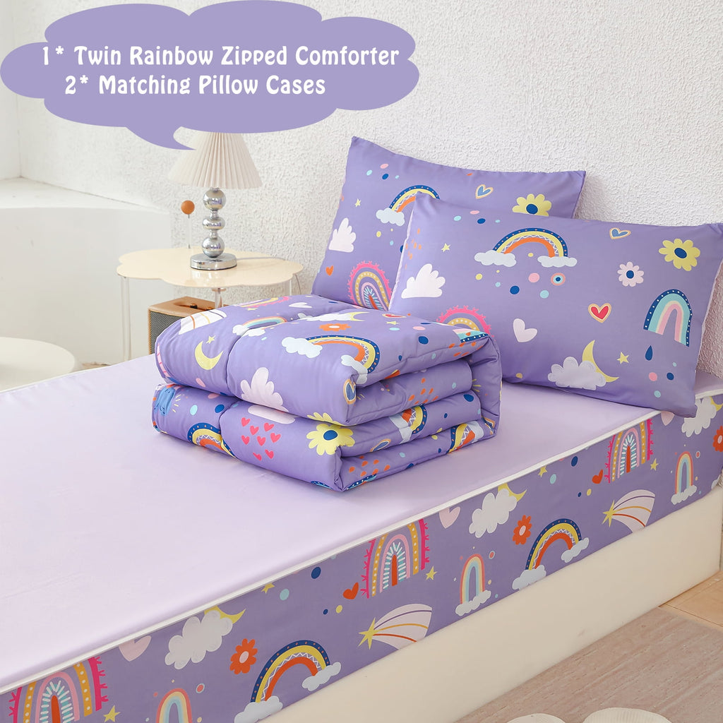 Zipper Kids Comforter Set, 3-Piece Purple Twin Bed in a Bag, Cartoon Rainbow Stars Flowers Printed Zip Up Comforter S... - Image 6