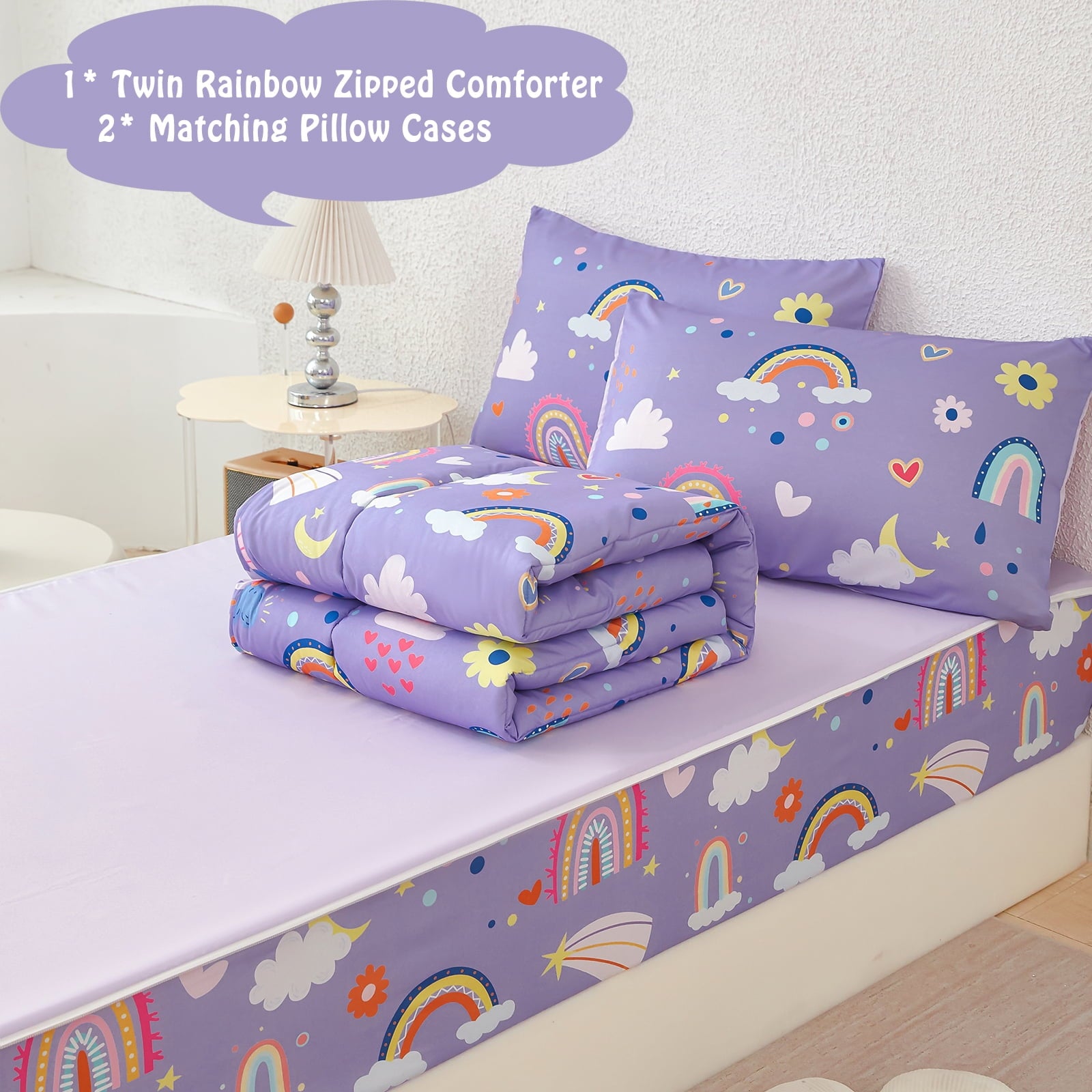 Zipper Kids Comforter Set, 3-Piece Purple Twin Bed in a Bag, Cartoon Rainbow Stars Flowers Printed Zip Up Comforter S... - Image 6