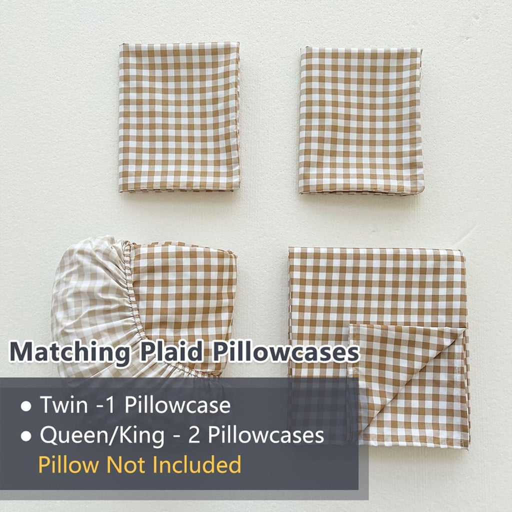 Sheet Set, Soft Brushed Microfiber Taupe Plaid Sheets, 4-Piece Brown Grid Set with Deep Pocket - Image 2