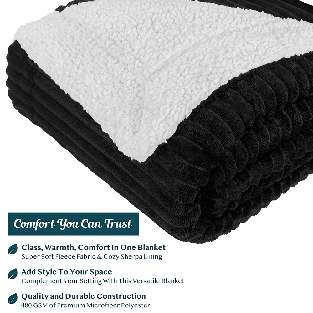 Reversible Sherpa Fleece Throw Blanket Black, Plush Flannel Throw, Ultra Soft Warm Ribbed Microfiber Blanket for Sofa... - Image 4