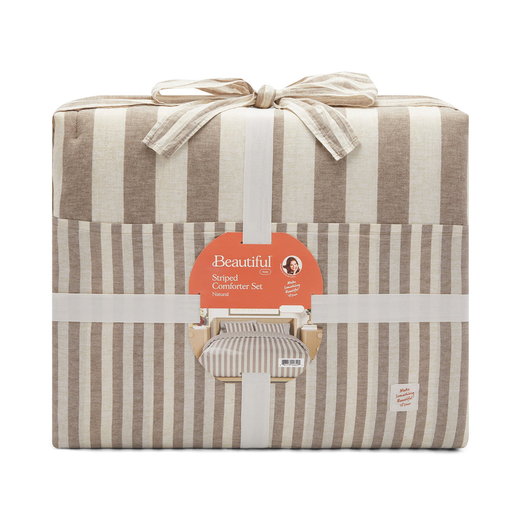 Beautiful 100% Cotton Striped 3-Piece Natural Comforter Set, Full/Queen by Drew Barrymore - Image 3