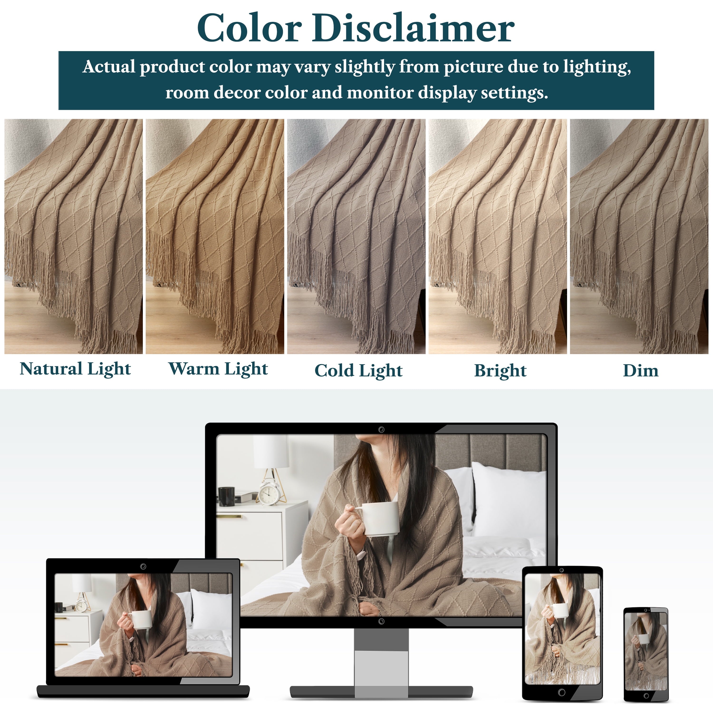 Tan Taupe Knit Throw Blanket for Couch Bed, Soft Knitted Farmhouse Sofa Throw for Living Room, Lightweight Decorative... - Image 2