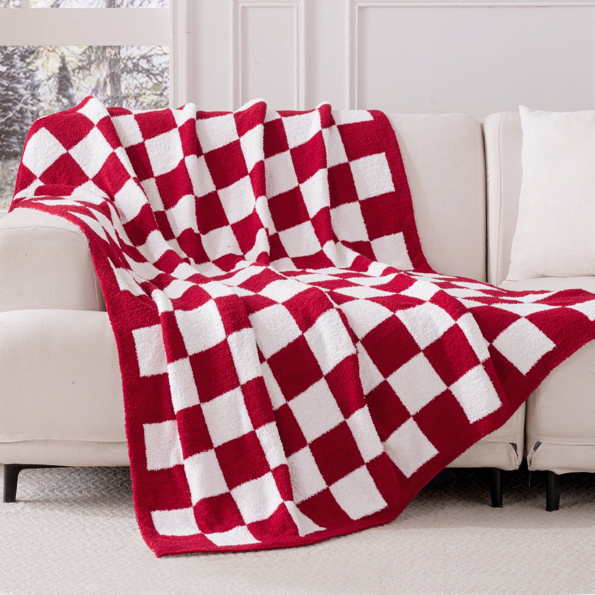 Checkered Knit Throw Blanket, Ultra Soft Cozy Fluffy Checkerboard Blankets, Lightweight Fuzzy Plush Throw for Couch a... - Image 2