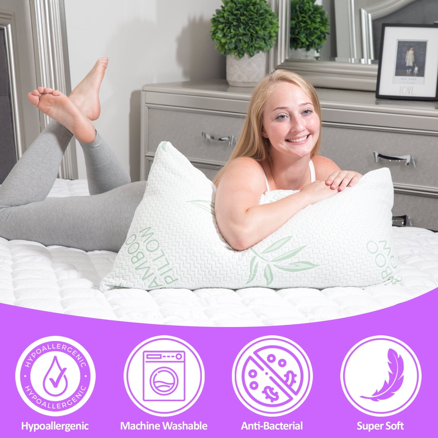 King Size Bamboo Pillow, Memory Foam Bed Pillows with Washable Pillowcases, King - Image 2