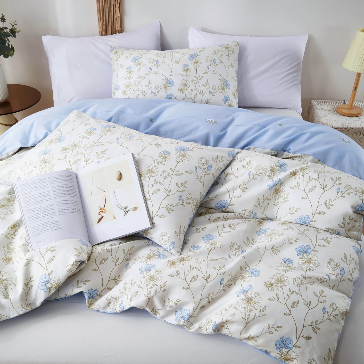 Cotton Comforter Sets Queen Size, 3 Pieces Botanical Blue Floral Reversible Bedding Sets for Adults All Season - Image 2